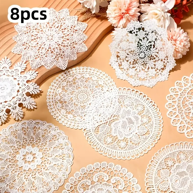 8 Pcs Handmade Crochet Embroidered Coasters, 5.9 Inch Hollow Out Round Coffee Cup Mats, Table Decor for Weddings, Birthdays, Home Decor
