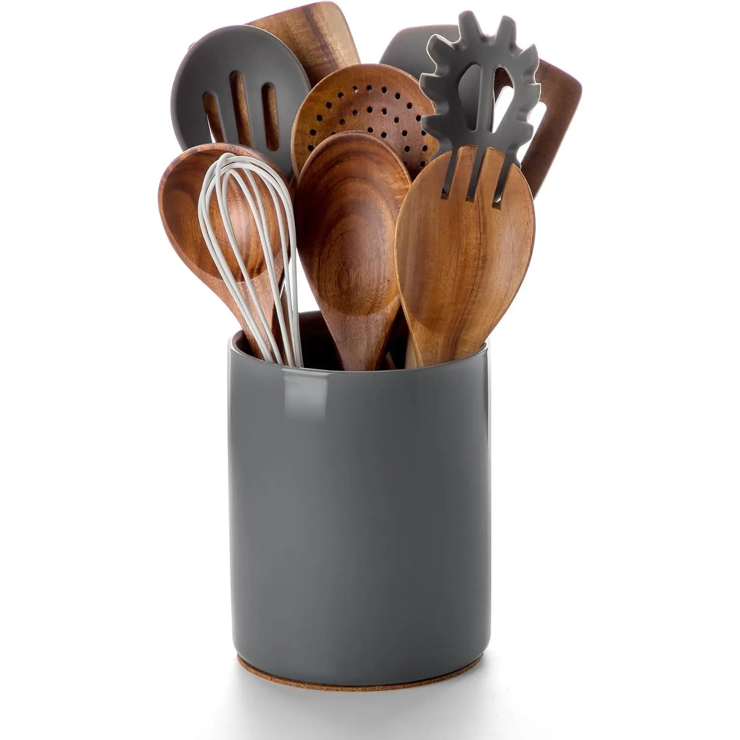 Ceramic Kitchen Utensil Holder for Countertop Organizer 6.4" Gray | cooking utensil crock for kitchen counter, sturdy non-slip base,easy to clean,  kitchen decor, Christmas