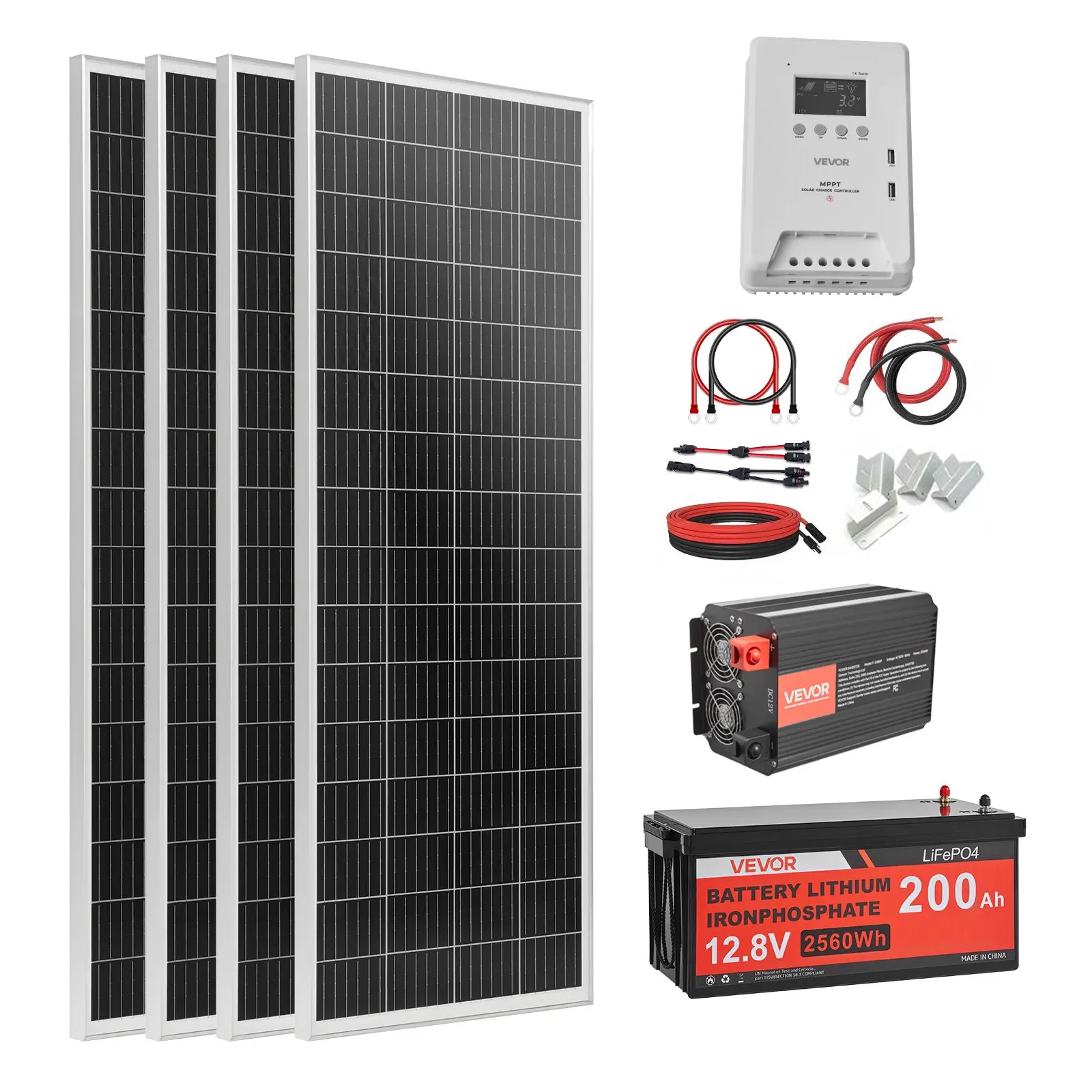 VEVOR 400W 12V Complete Solar Power Kit, 4PCS 100W Monocrystalline Solar Panels+ 12.8V 200Ah LiFePO Battery+ 40A MPPT Charge Controller+ 2000W Power Inverter for RV Home Camping Boats Off-Grid