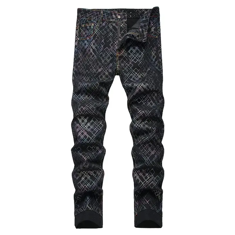 Men Printed Jeans Colored Shinning Geometry Plaid Painted Pants Black Stretch Denim Slim Straight Trousers