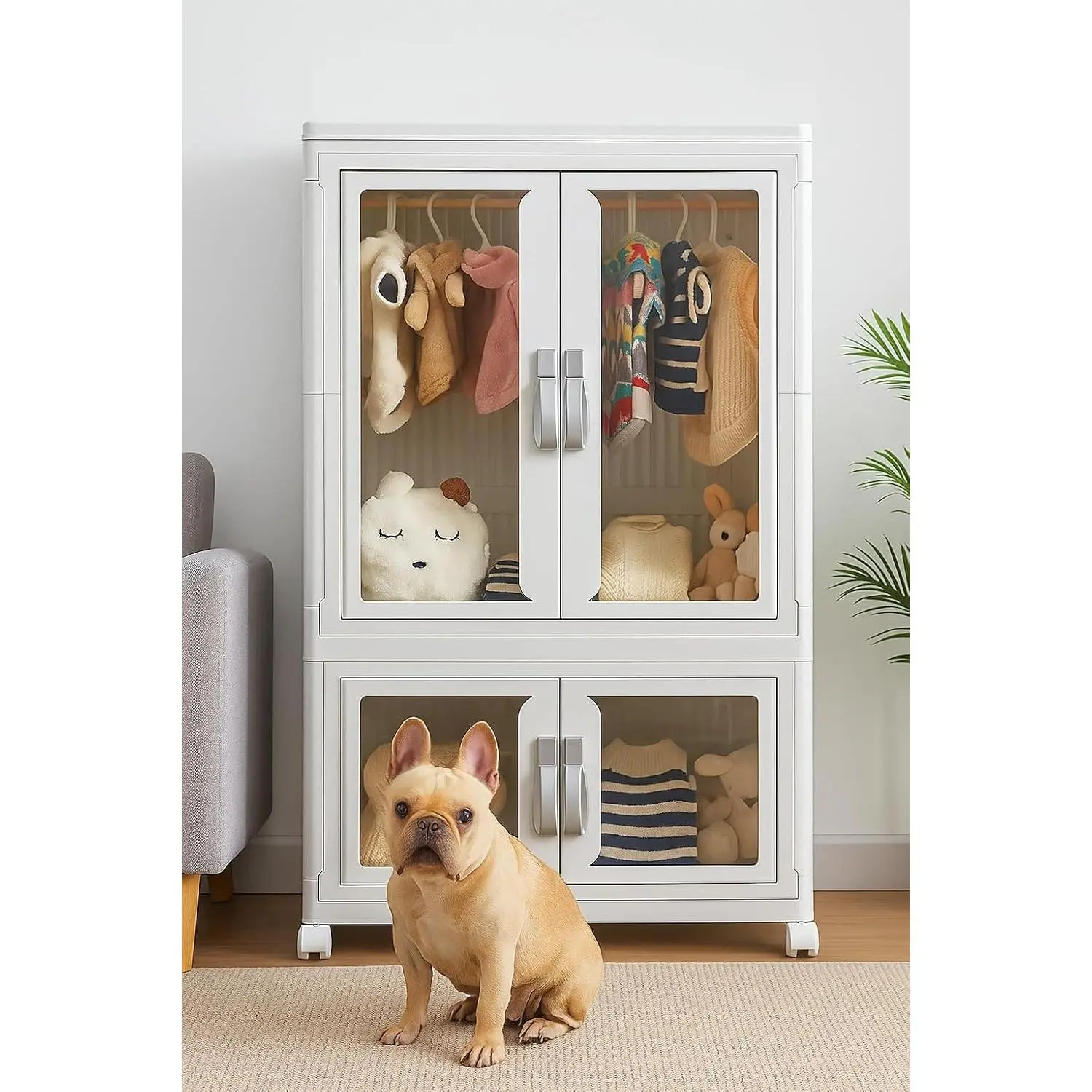 Pet Clothing Storage Cabinet with Hanging Rod Foldable Plastic Storage Bin 2-Tier Dog Clothes Organizer for Small Pets Lightweight, Waterproof– Portable Cat Wardrobe Closet