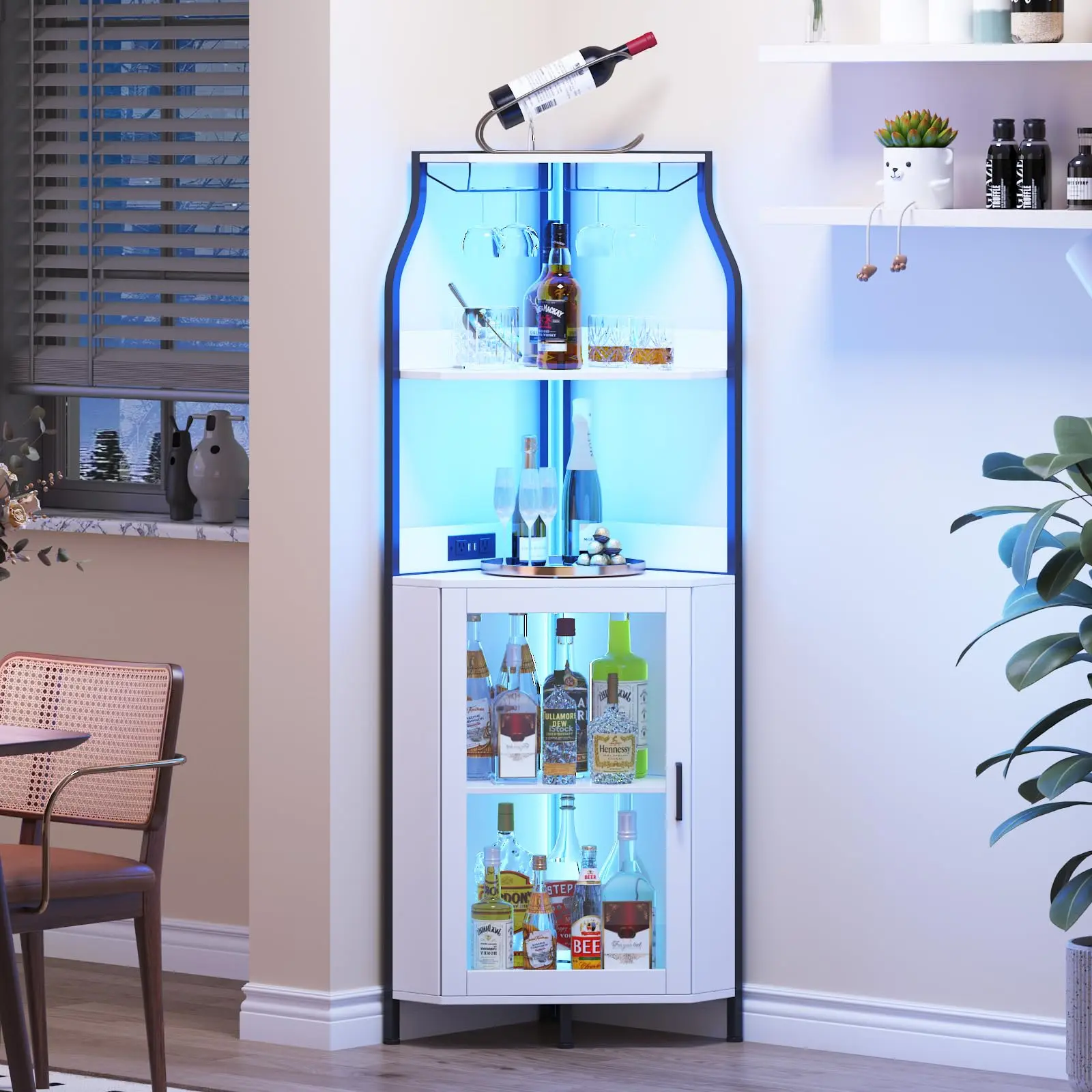 Farmhouse Corner Bar Cabinet – Adjustable Shelves, Glass Holder, Removable Wine Rack, Barn Doors – Space-Saving Wine Storage Furniture for Dining, Kitchen, or Living Room – Tiger Wood or White
