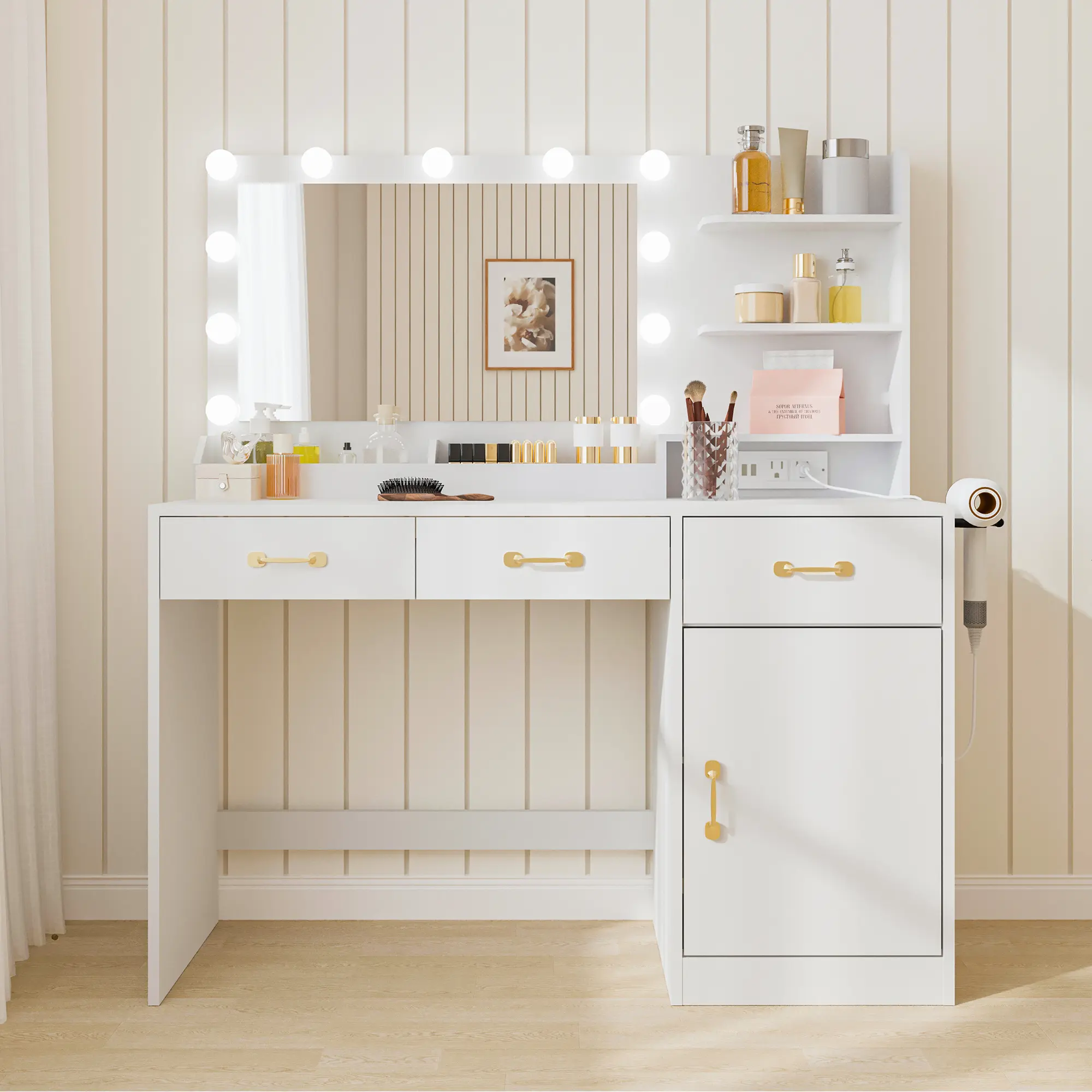 Makeup Vanity Desk with Mirror and Lights, Vanity Table with Charging Station, 3 Drawers, 2 Cubbies, Open Shelves, Wooden Dressing Table for Bedroom, White