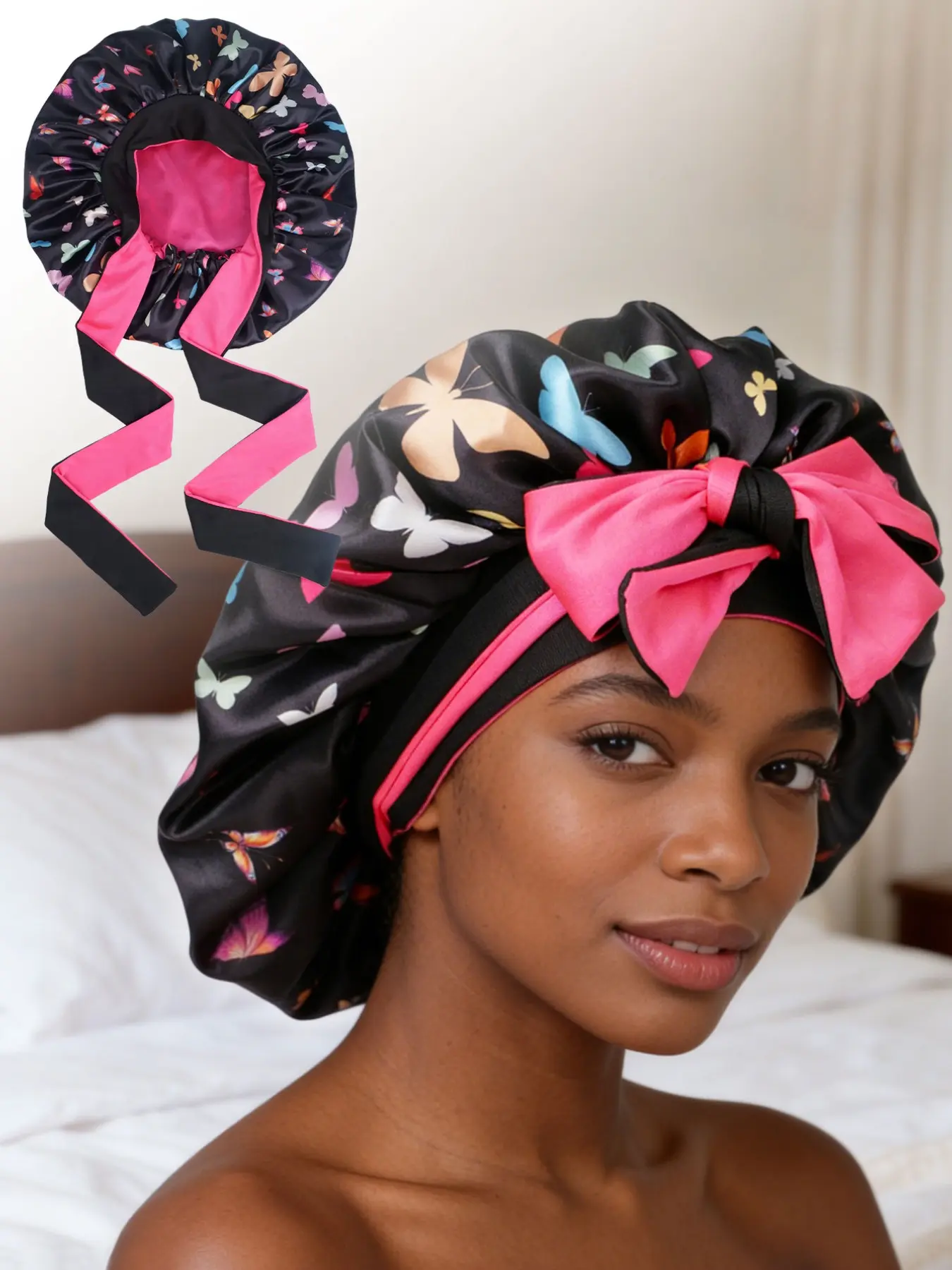 Women's Plus Size Printed Satin Sleep Cap, Sleeping Bonnet, Long Ribbon Design, Breathable, Adjustable Elastic Bath Hat, Comfortable and Secure Fit