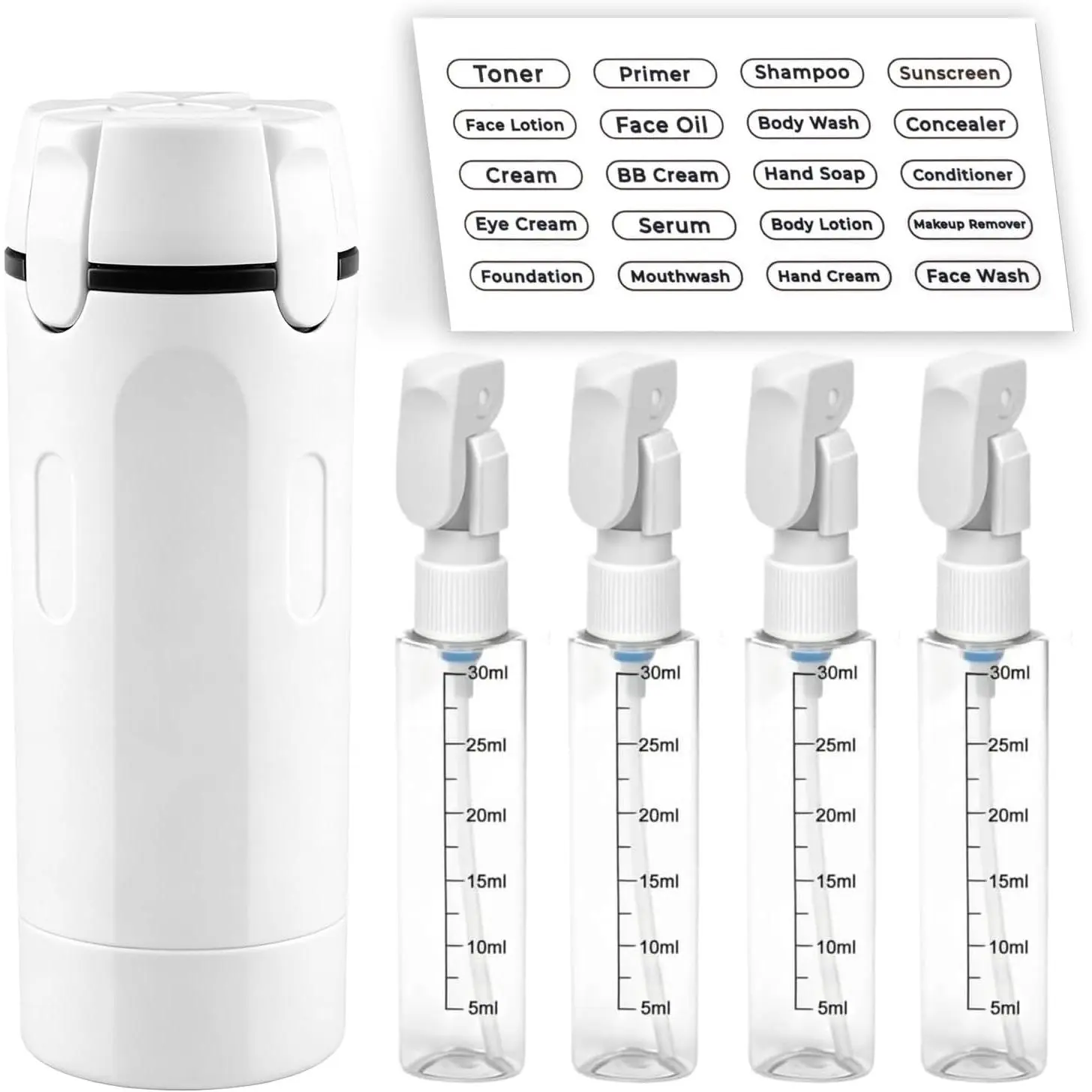 4-in-1 Lightweight Modern Travel Toiletry Dispenser, 30ml Leak-Proof Storage Bottles for Shampoo, Lotion, Cream - Ideal for Business Trips, Getaway Gear (White), Leakproof Seal