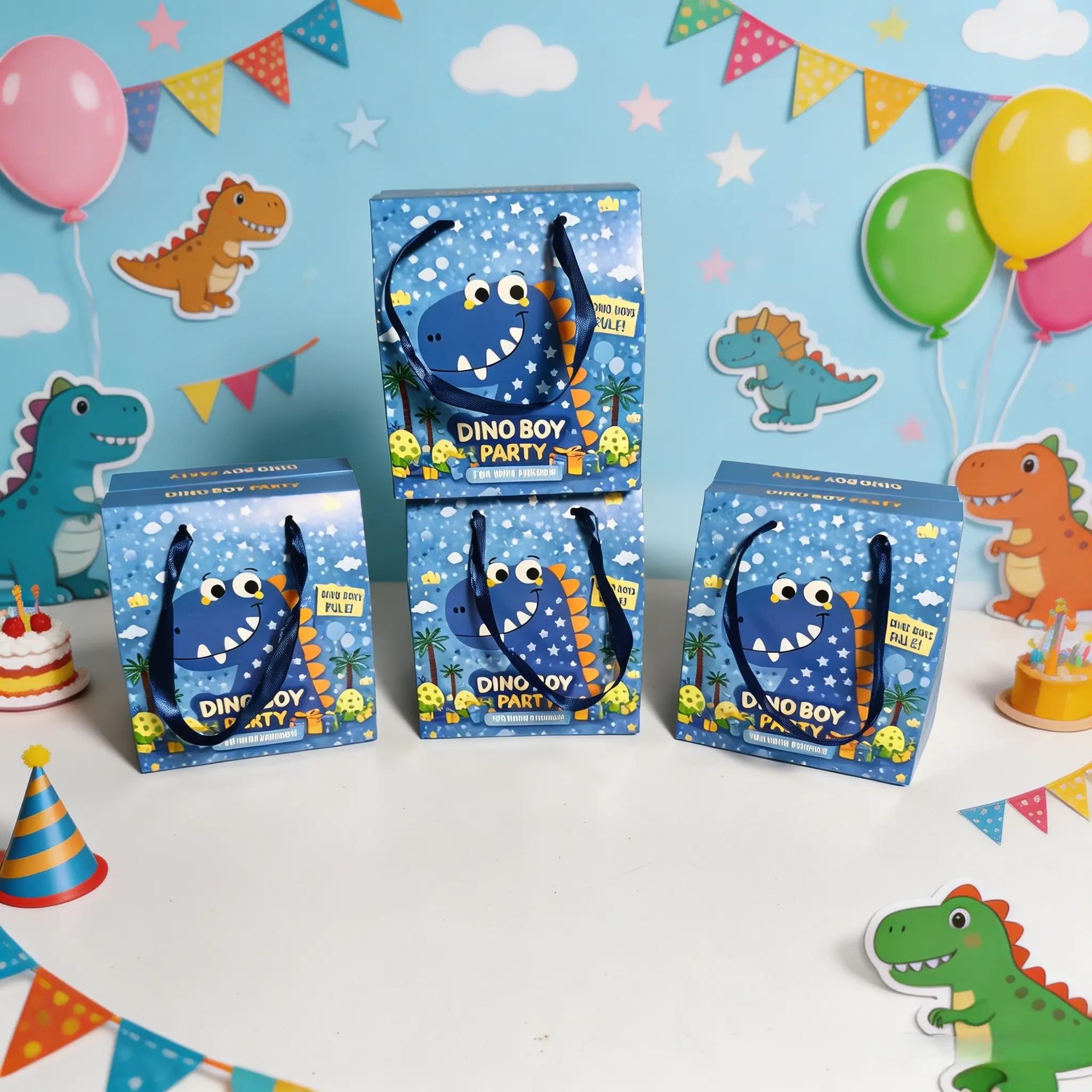 8pcs Cartoon Dinosaur Party Gift Boxes with Silk Ribbon Handles, Blue Portable Gift Box for Jurassic Birthday, Baby Baptism, Gender Reveal