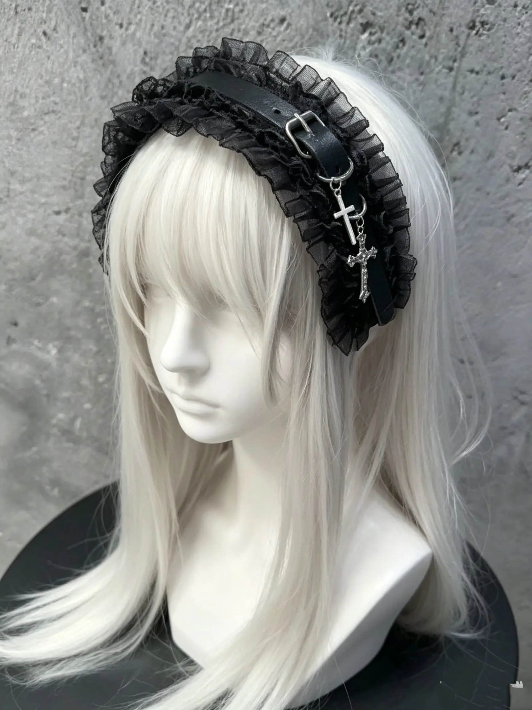 Gothic Cross Lace Leather Headband, Ruffle Hair Tie, Subculture Punk Millennial Harajuku Accessory, Halloween Cosplay Dark Rock Girl Hair Decor, Hair Accessories