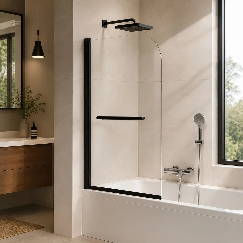 31" x 55" Frameless Bathtub Shower Screen Door, 180° Pivot, Tempered Glass, Matte Black Aluminum Frame, Stainless Steel Handle, No-Drill Installation, Clear Glass, Modern