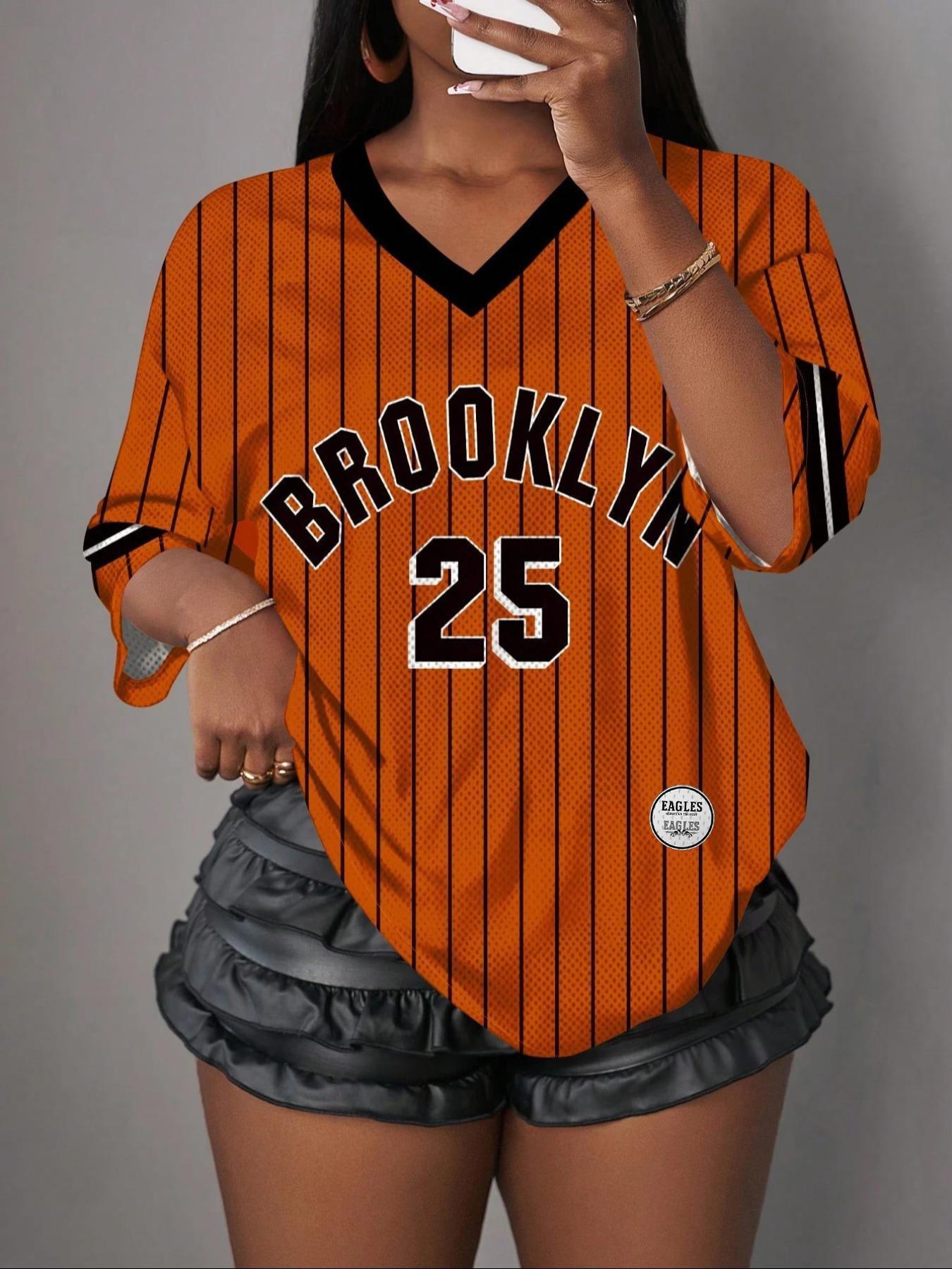 Women's Y2K Casual Simple Letter Brooklyn Graphic Print T-Shirt, Breathable Mesh Sports Ball Jersey, Streetwear Daily Wear Top, Athletic Sports Clothing