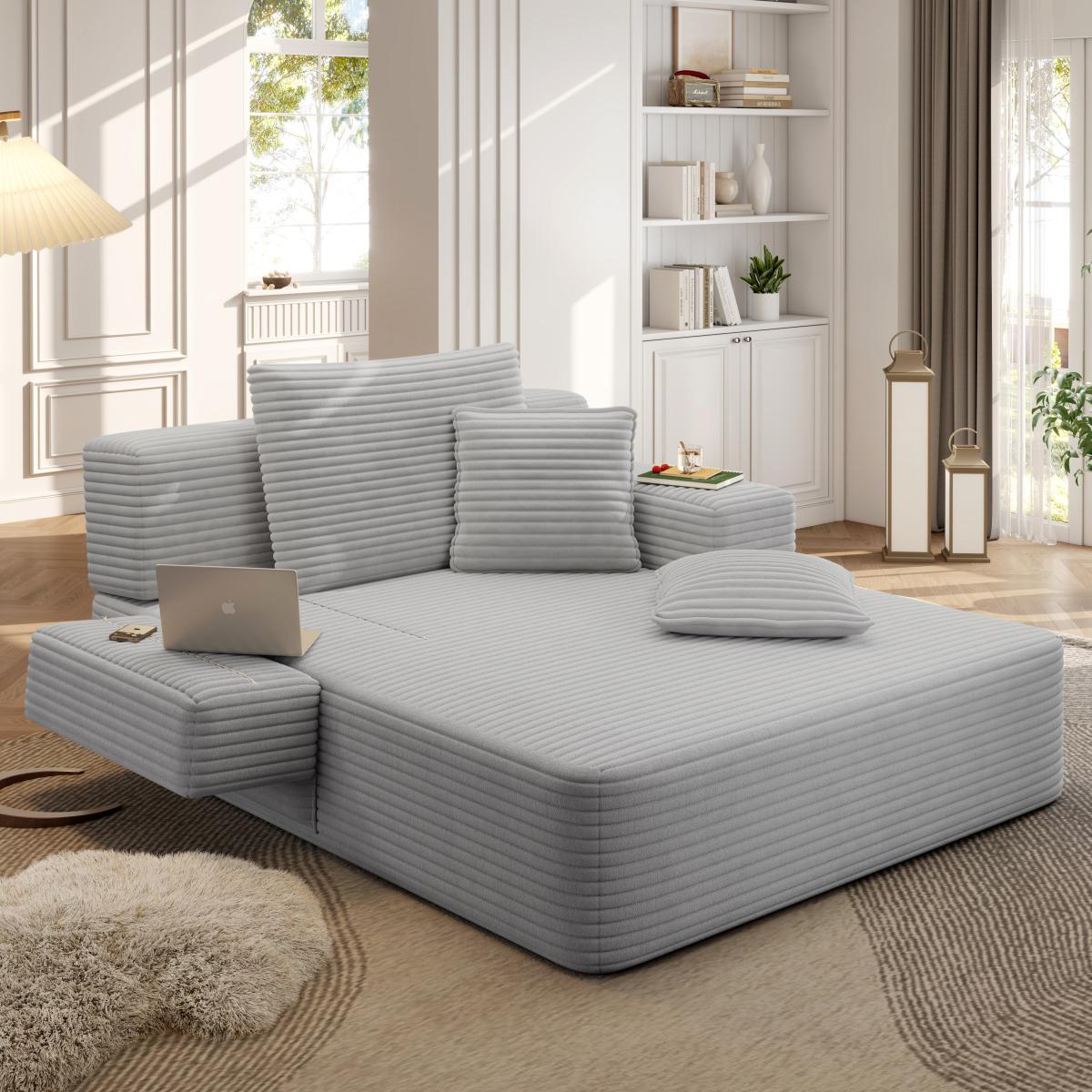 Luxurious Plush Corduroy Chaise Lounge with 3 Pillows, Convertible Sofa Bed with Storage Pocket, Frameless Design & Compression Foam for Small Spaces, Living Room, Apartment,Light Grey Luxurious Plush Corduroy Chaise Lounge with 3 Pillows, Convertible Sofa Bed with Storage Pocket, Frameless Design & Compression Foam for Small Spaces, Living Room, Apartment,Light Grey
