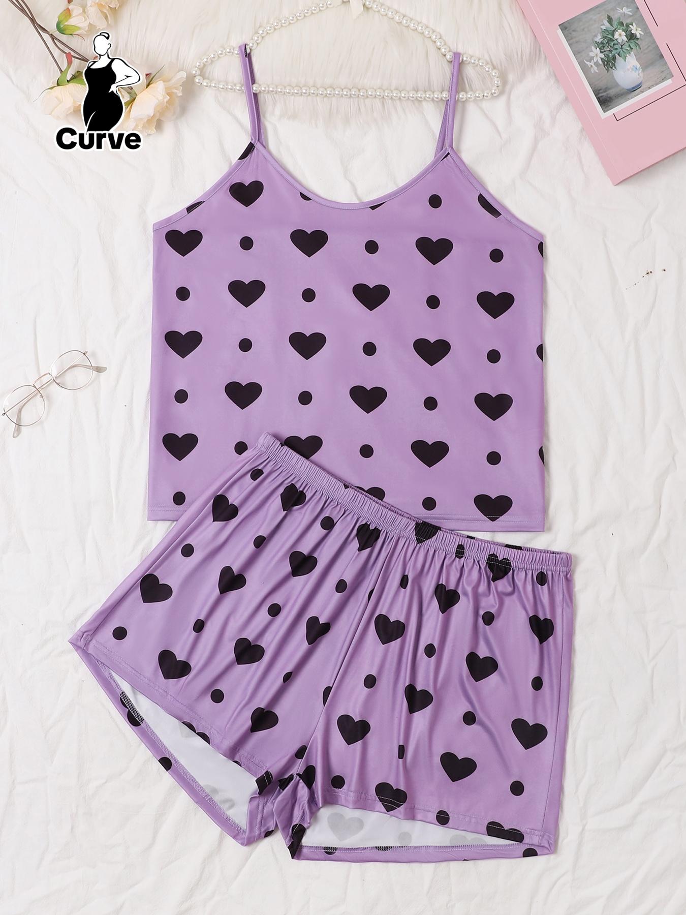 【Plus Size】 Heart Polka Dot Print Pyjama Set, Casual Spaghetti Strap Cami Top & Elastic Waist Shorts Pj Set, Women's Sleepwear & Loungewear
