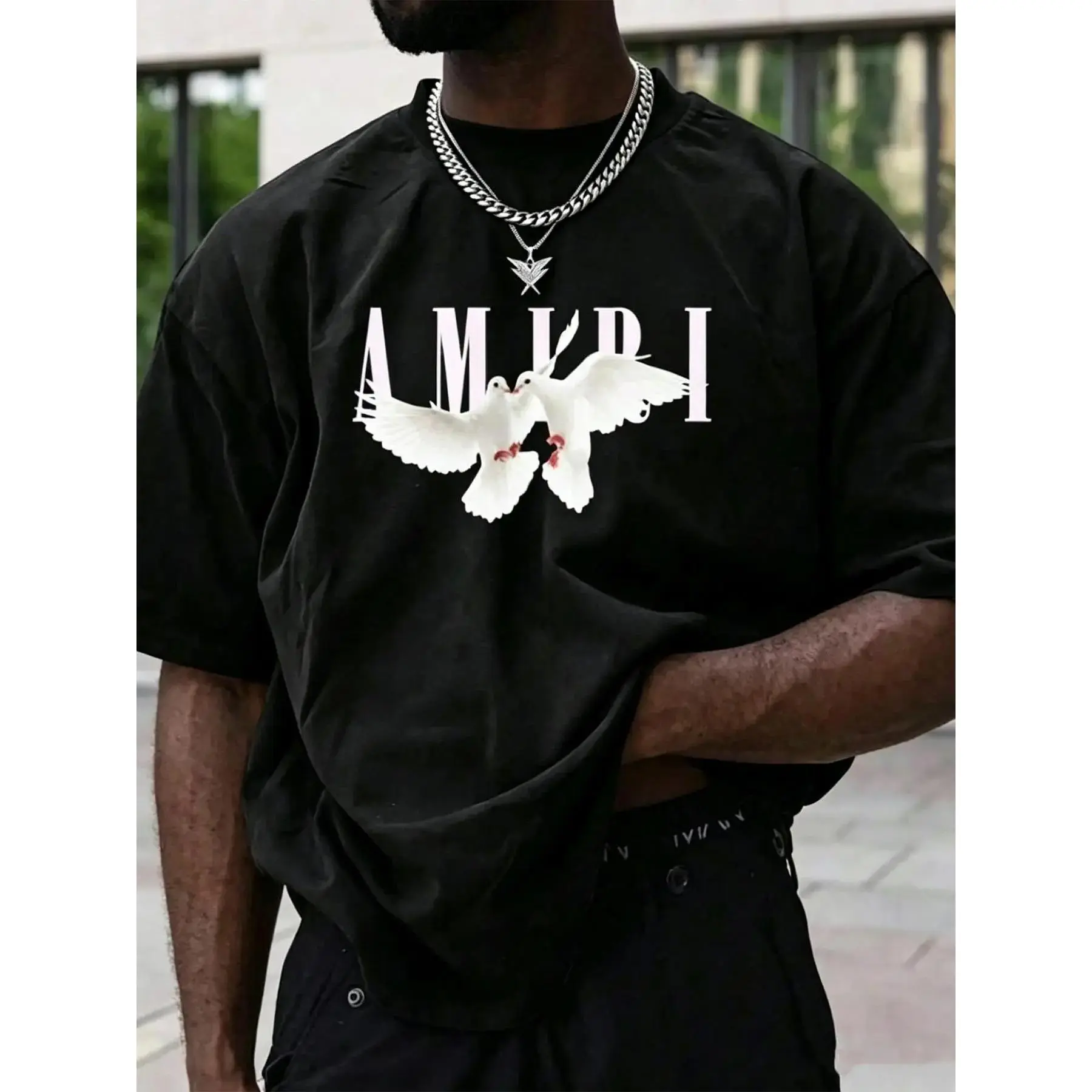 Men’s graphic T-shirt featuring pigeon and letter prints, oversized fit |   Casual hip-hop top, stylish Y2K street fashion apparel