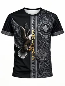 Men's Hawk Tribal Pattern T-Shirt, Casual Round Neck, Elastic Fabric, Animal Print, Youth Friendly, Universal Fit