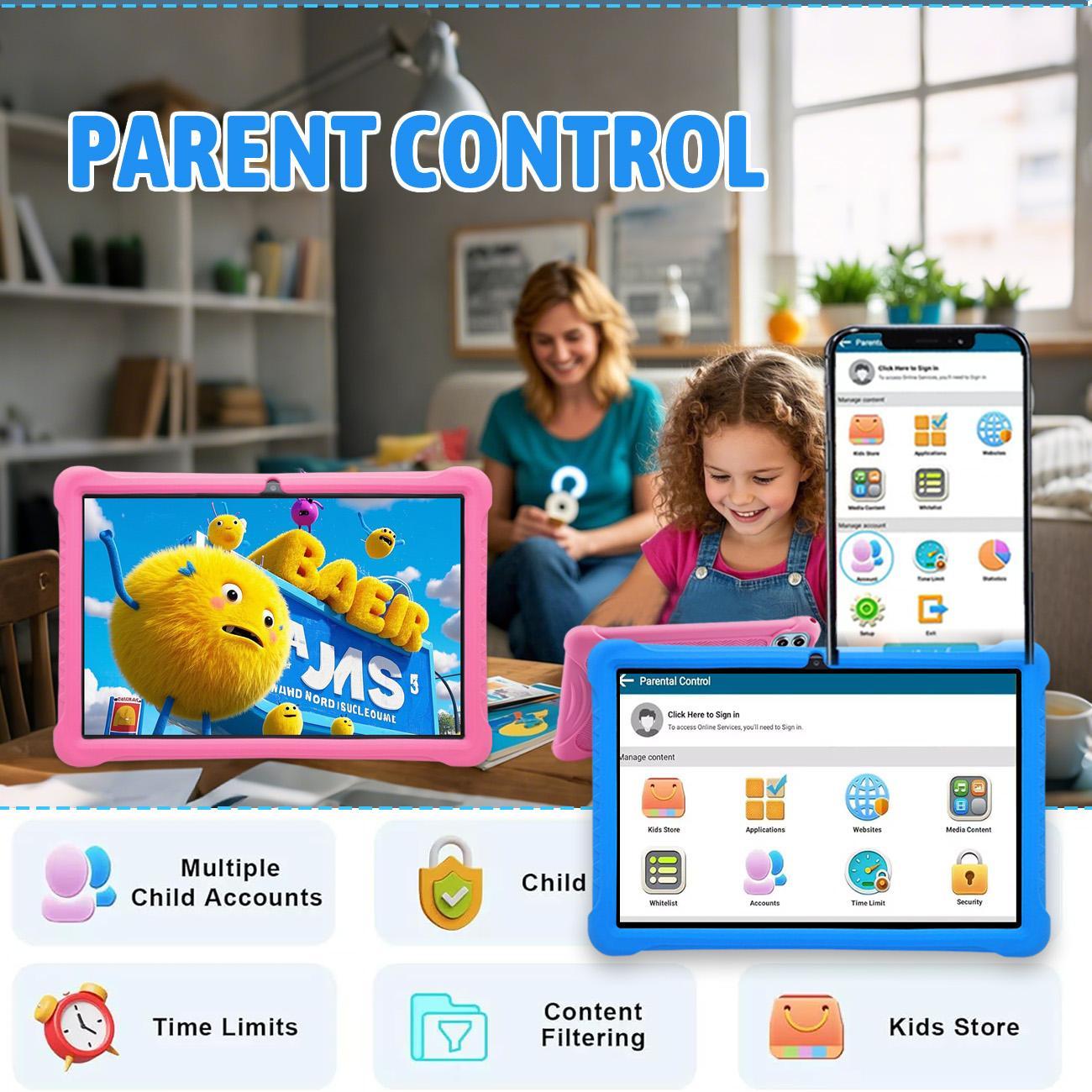 10.1 Inch Android Tablet, Parental Control Tablet with Shockproof Case, Dual Camera Tablet for Learning & Entertainment