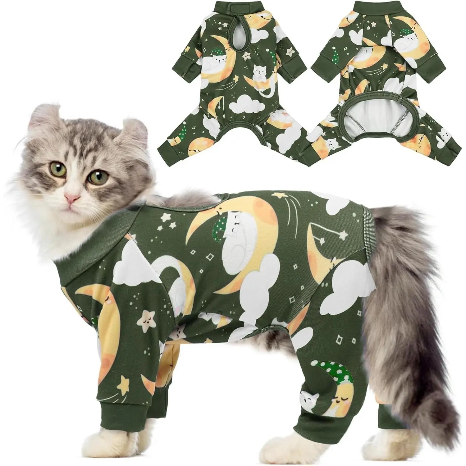 Cat Onesie for Cats After Surgery, Sticky Hair Cat Pajamas for Cats Only, Recovery Suit Shirt for Male Female, Full Body Long Sleeve Surgical Bodysuit, Stop Licking & Shedding