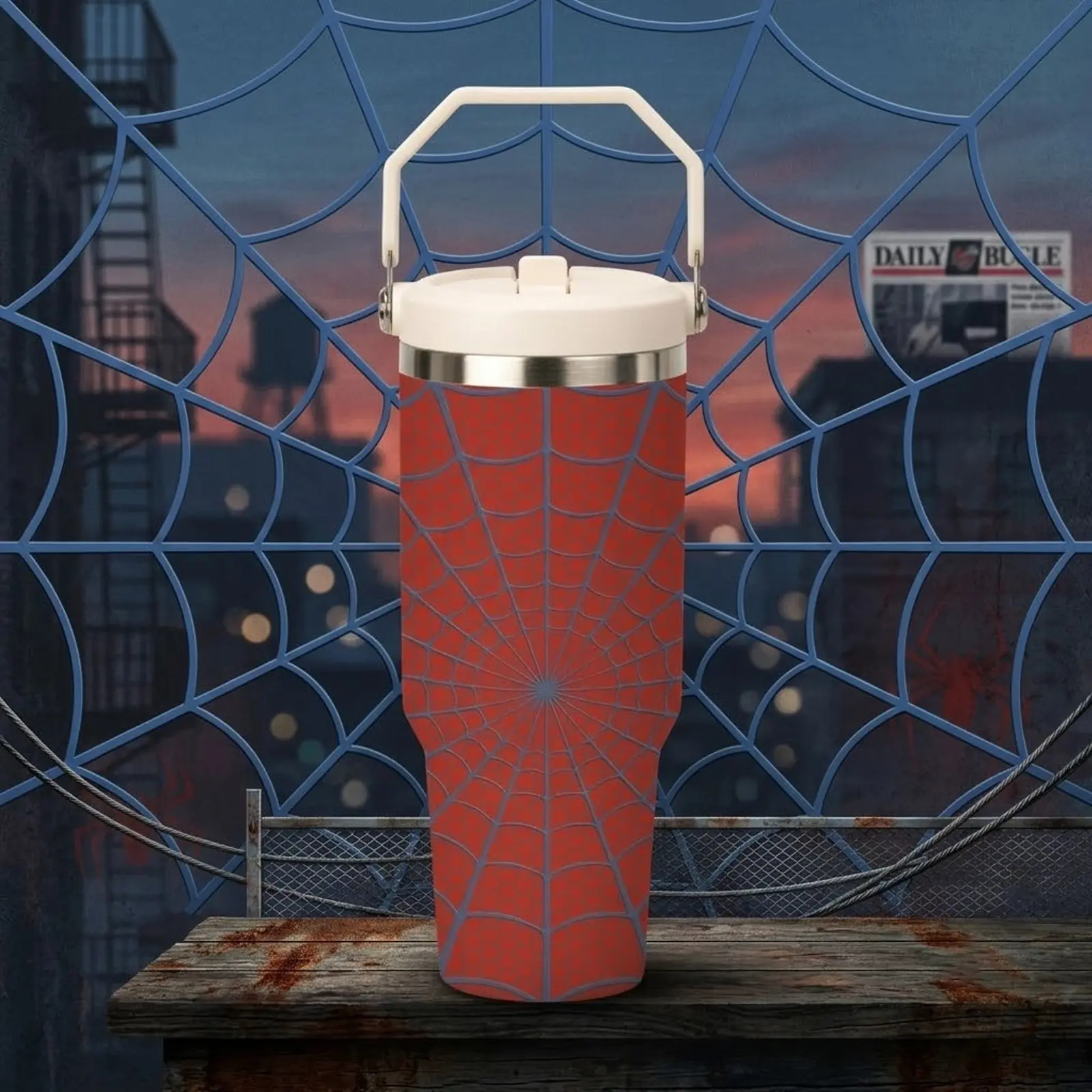 30oz Spider Web Tumbler with Handle, Thermal Tumbler, Red Spider Pattern Insulated Cup, Halloween Spooky Season Travel Mug, Superhero Inspired Graphic Stainless Steel Water Bottle, Double Wall Vacuum Coffee Cup, Trick or Treat Gift Idea
