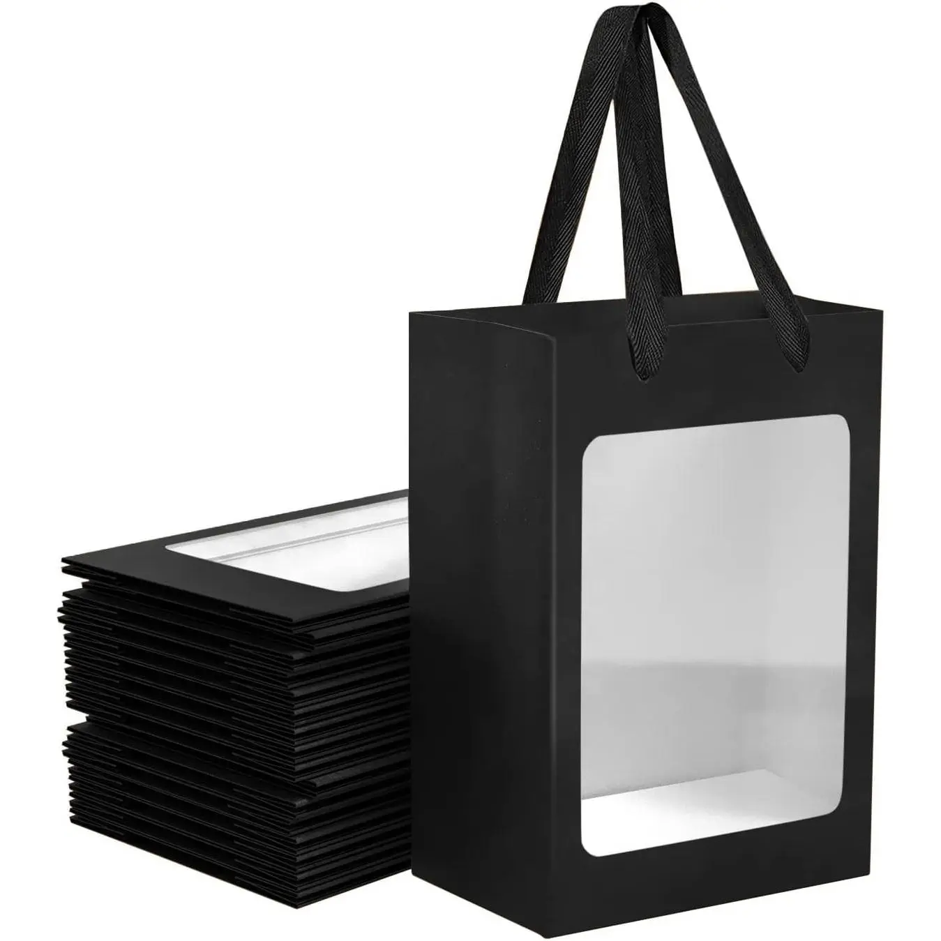 5 count Black Paper  Bags with Transparent Window, 9.84"x7.0"x5.12" |  Shopping Bags with Handles for Bouquet Christmas Birthdays Festivals Party Weddings Wrapping