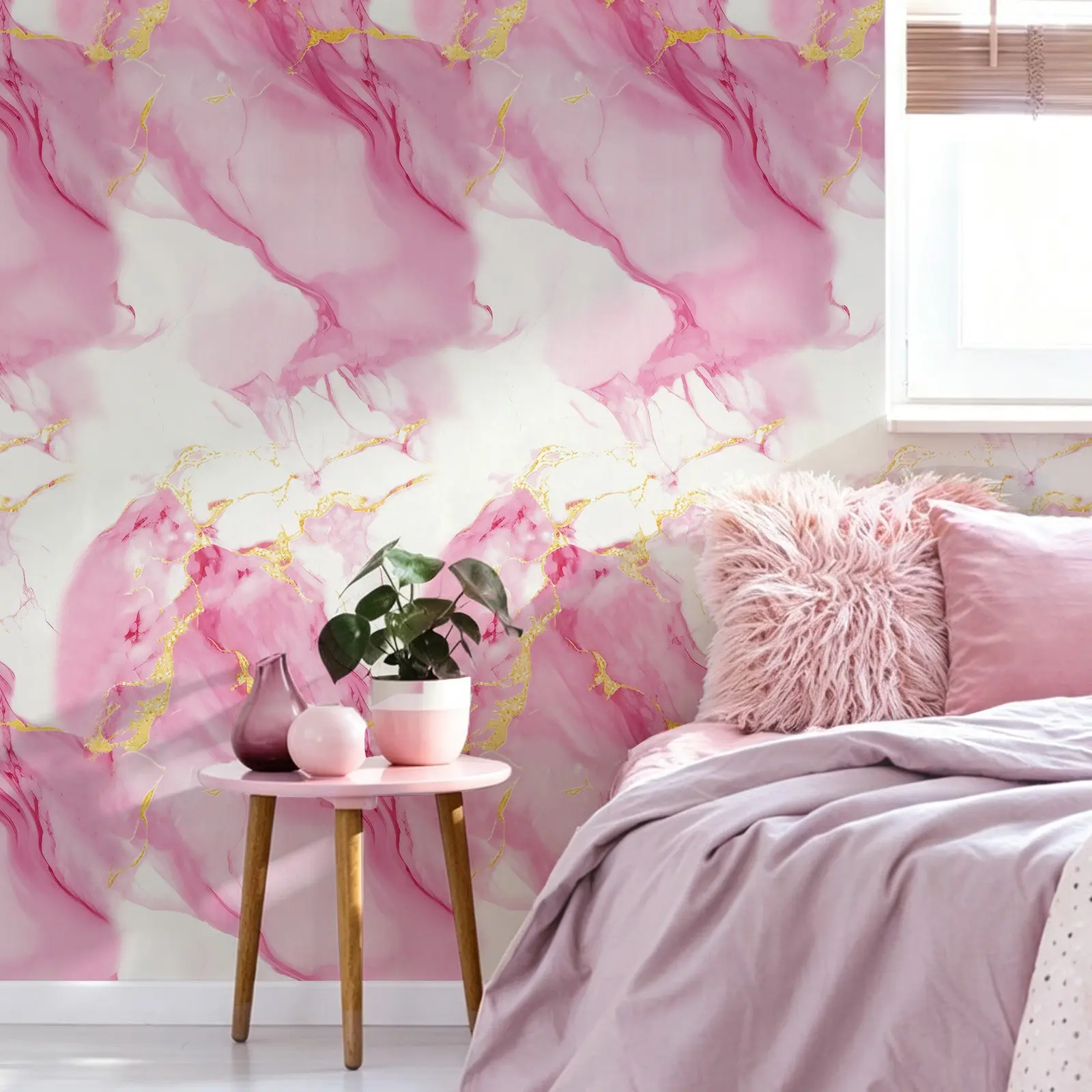 Aesthetic Pink Gold Marble Peel and Stick Wallpaper, Abstract Fluid Ink Removable No‑Residue Vinyl Contact Paper, Self‑Adhesive Wall Mural for Living Room, Bedroom Accent Wall, Dorm, Cabinet Surface Refresh