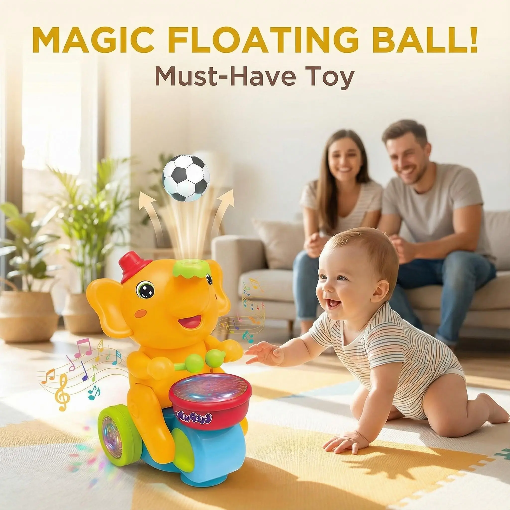Interactive Drumming Elephant Ride-On Toy with Air Floating Ball – Music & Flashing Lights Kids Toy with 2 Foam Balls Included | Fun Activity Riding Gift for Toddlers & Children
