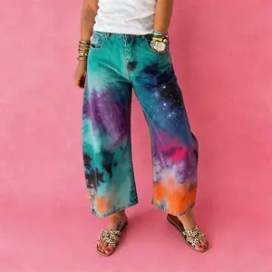 Women's vintage-wash wide-leg jeans; Y2K-style loose-fitting trousers; soft pink base with a bohemian floral print; suitable for year-round outdoor activities and streetwear styling.