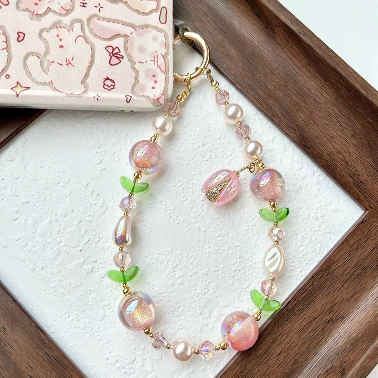 Original phone lanyard wrist strap dopamine phone chain beaded pink pistachio light luxury high-end anti-loss hanging chain