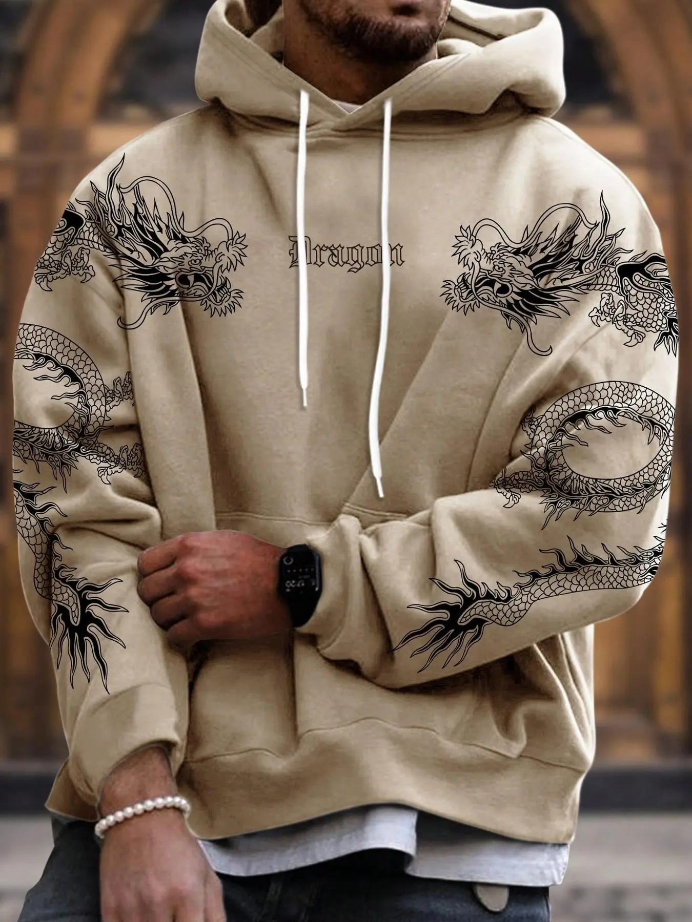 Men's Long Sleeve Pullover Hoodie, Cartoon Letter Pattern, Drawstring Drop Shoulder, Fall & Winter Casual Apparel, Fashionable Dragon Design