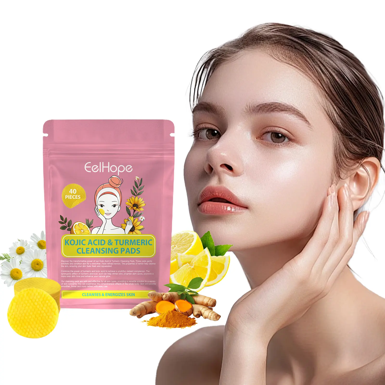 Turmeric Kojic Acid Cleansing Pads,Turmeric Cleansing Pads,40PCS,Kojic Acid Infused Foaming Exfoliating,Enriched Vitamin C