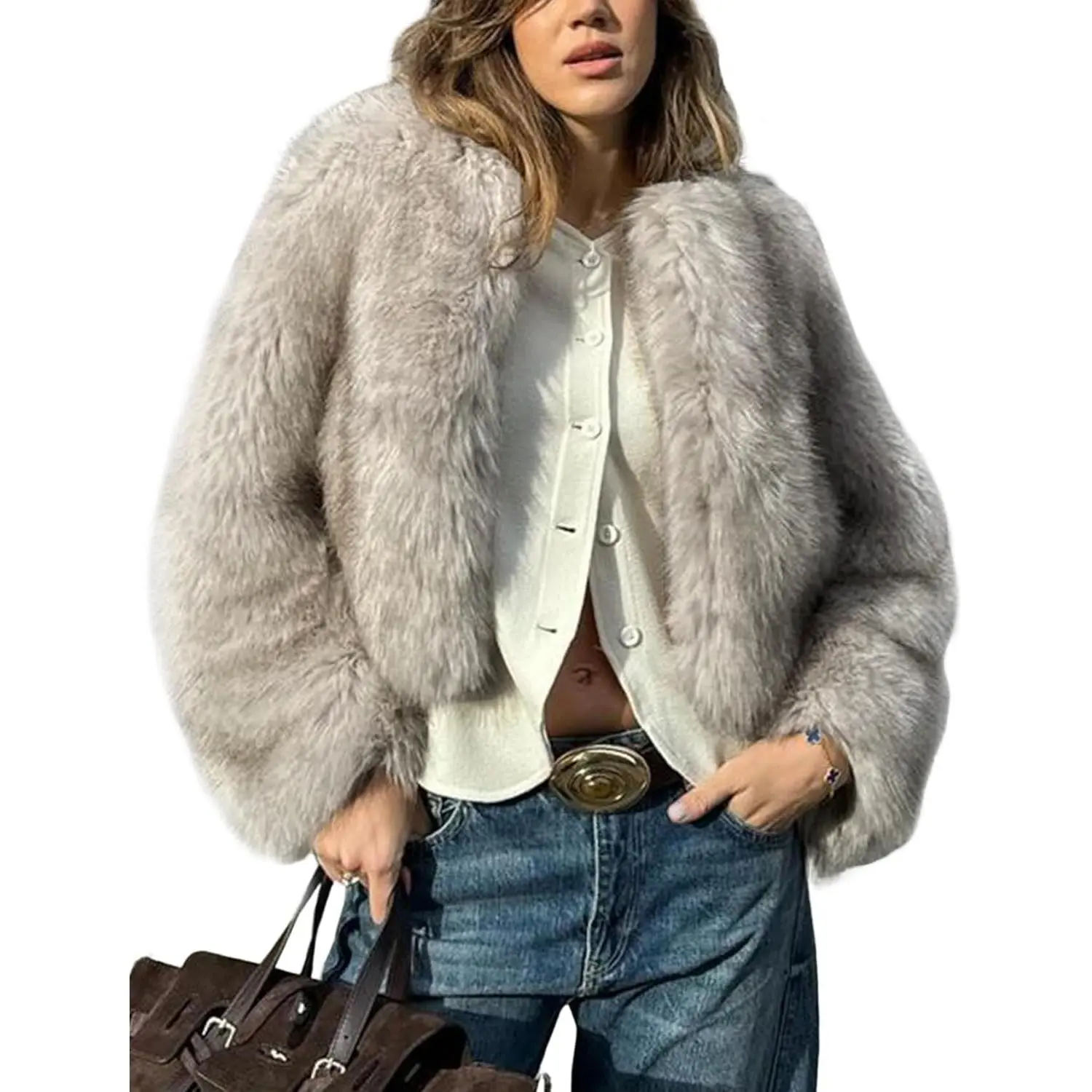 Arssm Womens Faux Fur Coat Cropped Fur Jacket Fluffy Long Sleeve Open Front Fuzzy Winter Warm Outerwear