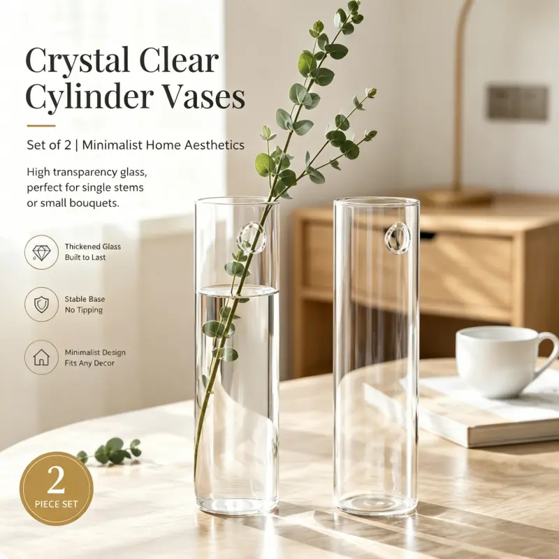 Thickened Crystal Clear Tall Cylinder Vase 2 Pack Stable Flat Bottom Minimalist Transparent Glass Floral Container For Single Stem Eucalyptus Flower Bouquets