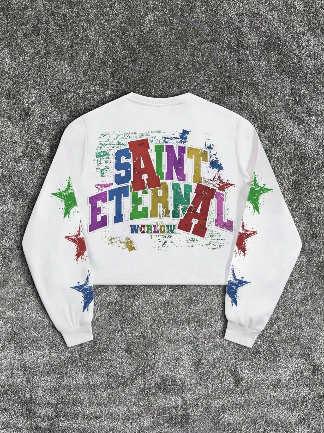 Unisex Letter & Star Print Round Neck Sweatshirt, Regular Fit Casual Street Long Sleeve Pullover for Daily Wear, Unisex Top for All Seasons, Graphic Sweatshirts, Graphic Streetwear Clothing