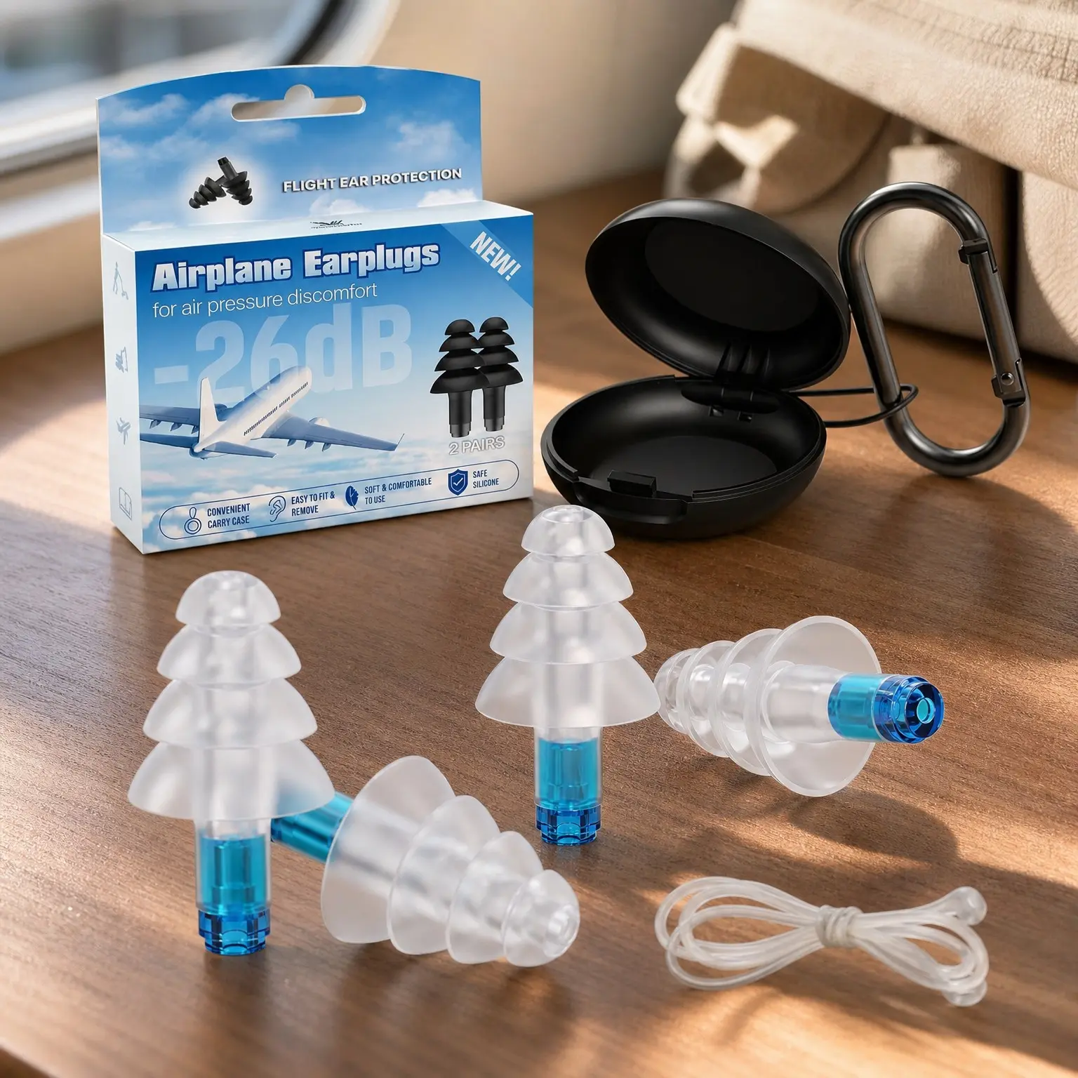 2 Pairs Adults Soft Silicone Reusable Airplane Earplugs 26dB Noise Reduction, Pressure Relief for Flying, with Connector Cord, Travel Ear Protection