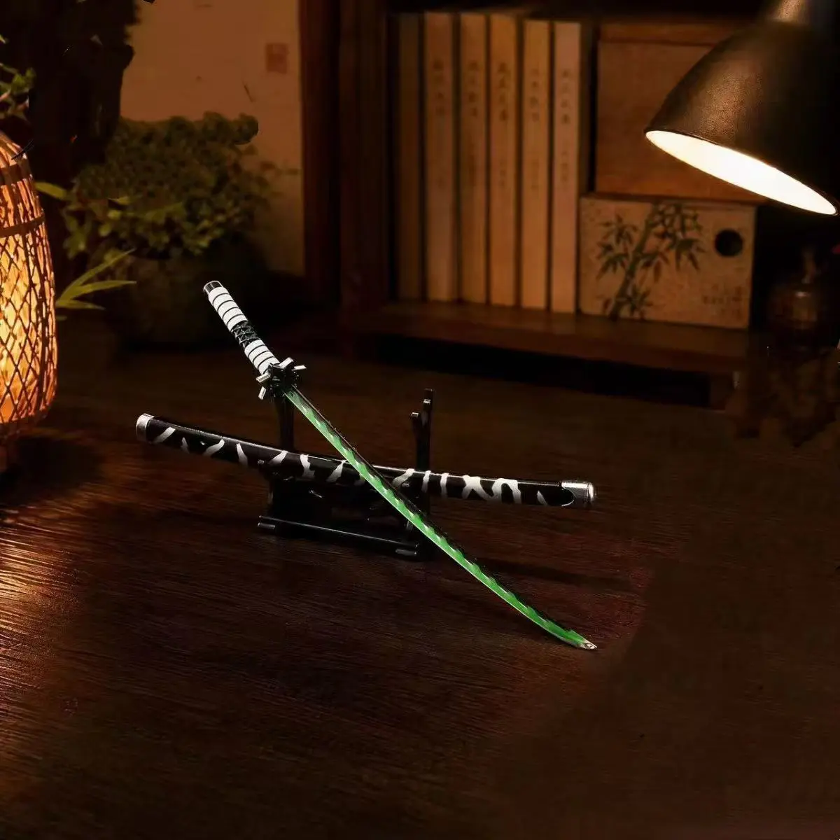 Demon Slayer Zinc Alloy Mini Blade Replica, 9.84in/25cm Green Vein Blade, White Wrapped Handle, Black Pattern Scabbard, Blunt Collectible Toy for Anime Cosplay Desktop Decor Gift