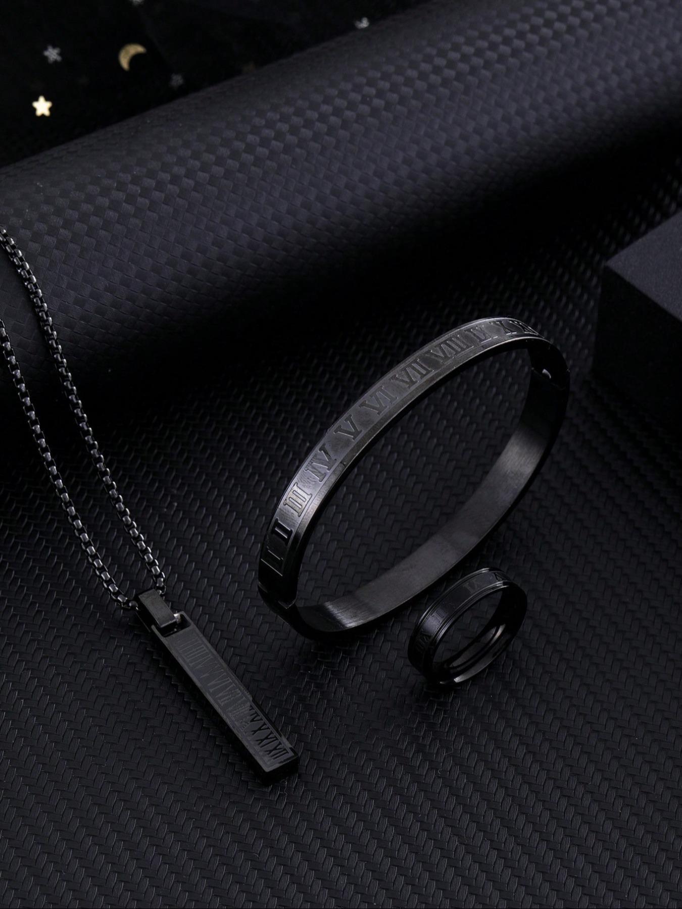 Men's Minimalist Temperament Stainless Steel Jewelry Set, Casual Trendy Letters Engraving Pendant Necklace & Bangle & Ring, Fashion Accessories for Daily Wear