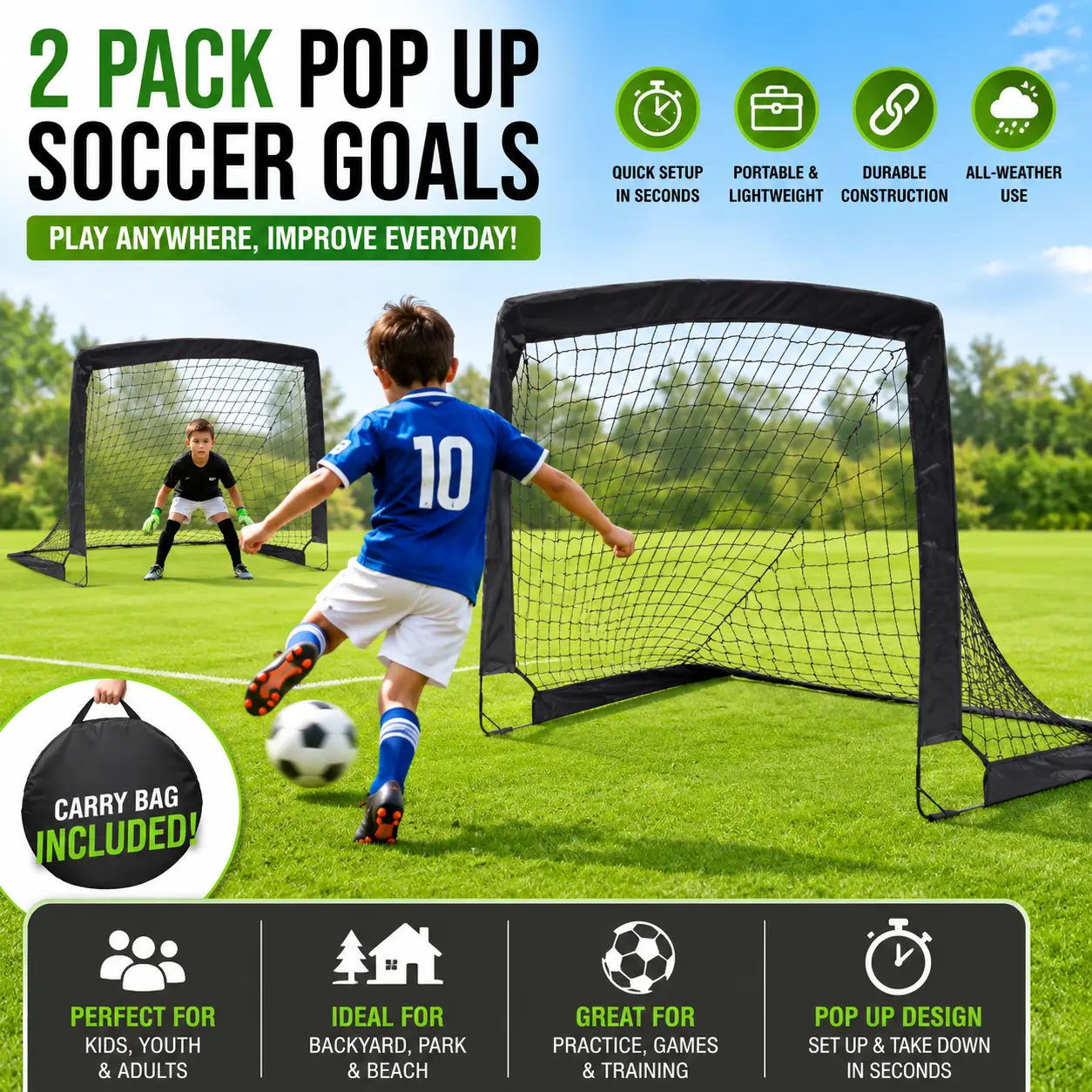 2 Pack Pop Up Soccer Goals Portable Soccer Nets for Kids Youth Adults Outdoor Backyard Soccer Training Equipment Foldable Soccer Goal Set for Practice Games Easy Fast Setup Pop Up Nets for Backyard Sports Gear