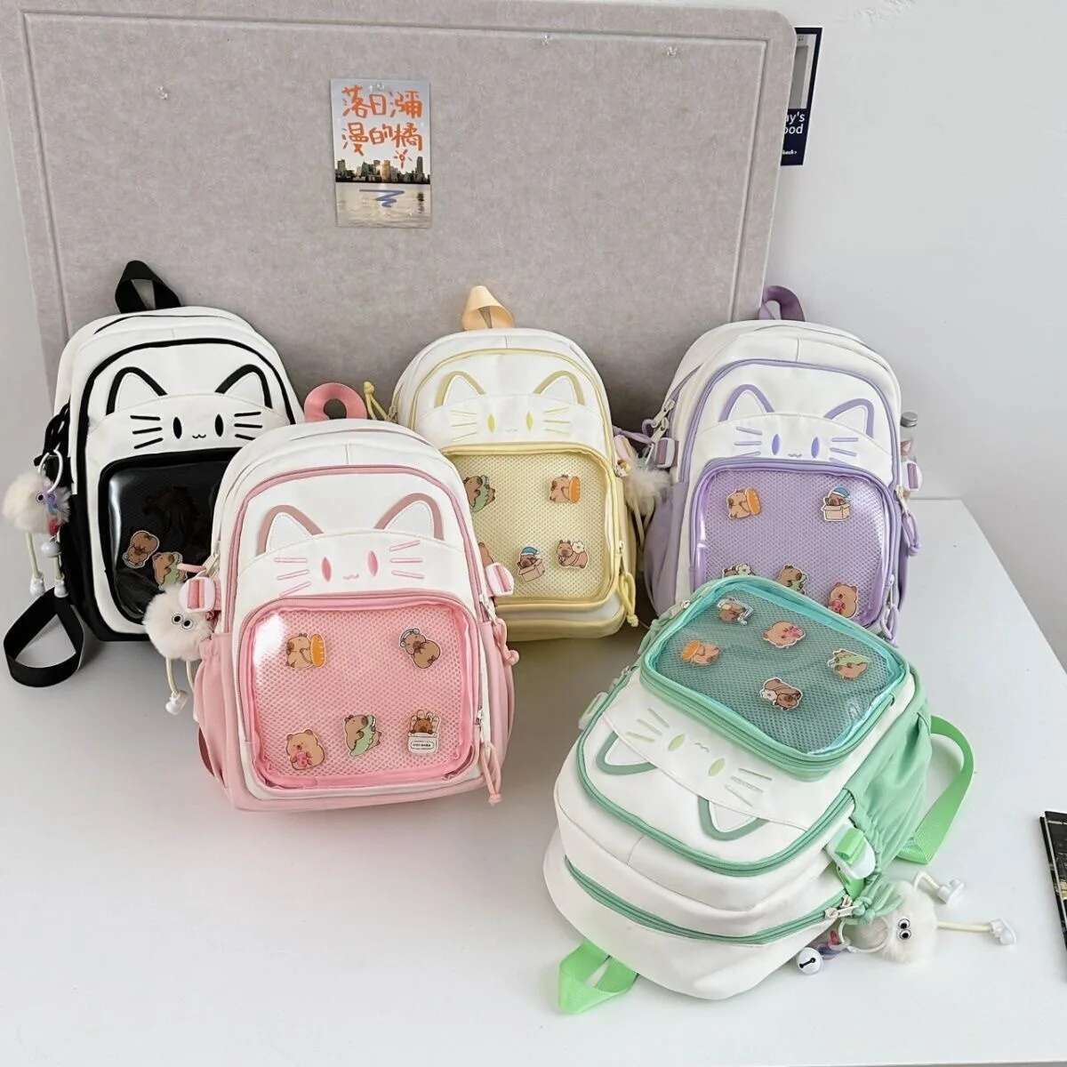 Y2K Cute Cat Ita Backpack Large Capacity Knapsacks Casual Girl Transparent DIY Display Rucksack Cartoon Trendy Travel Schoolbags