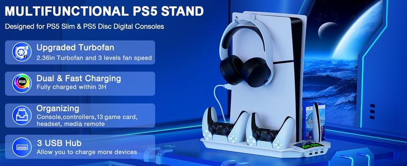 ESYWEN PS5 Pro/Slim Stand & Cooling Station with Controller Charging for PlayStation 5 Disc Digital Console, 3 Levels Fan, 13 Game Slots, 3 USB Hub, Headset Holder, Wearable