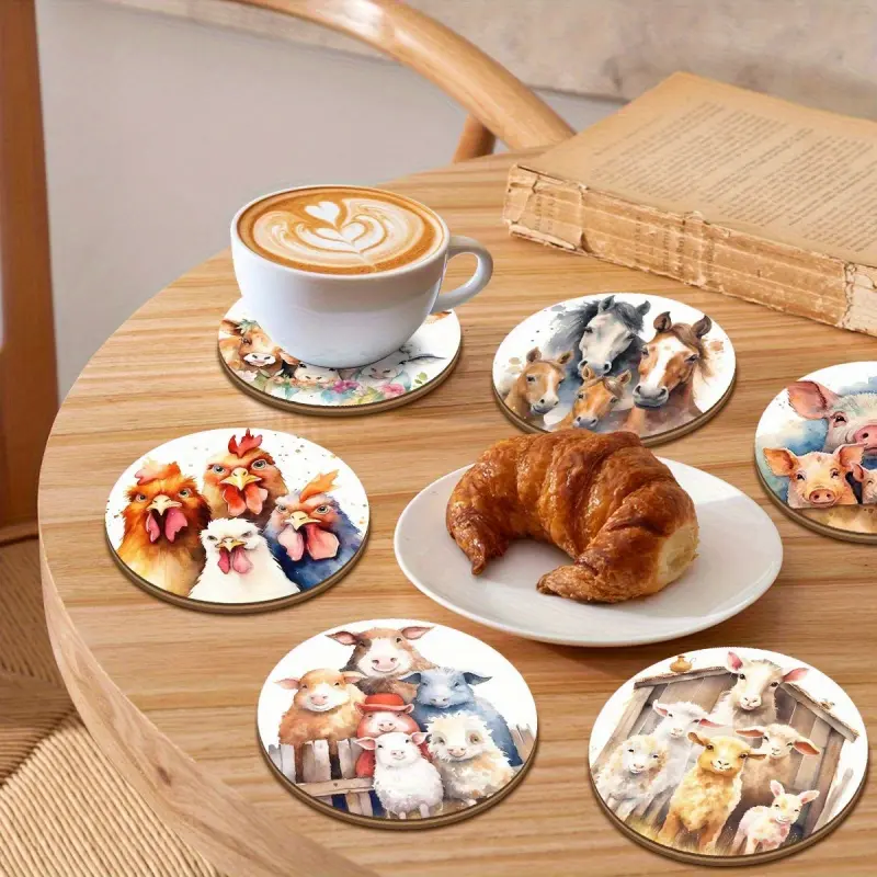 6 Pieces Farm Animal Coasters Set, Watercolor Farmhouse Round Drink Coasters with Cow Horse Chicken Sheep Pig, Rustic Country Cup Mats Pads for Coffee Table Kitchen Home Bar Table Decoration