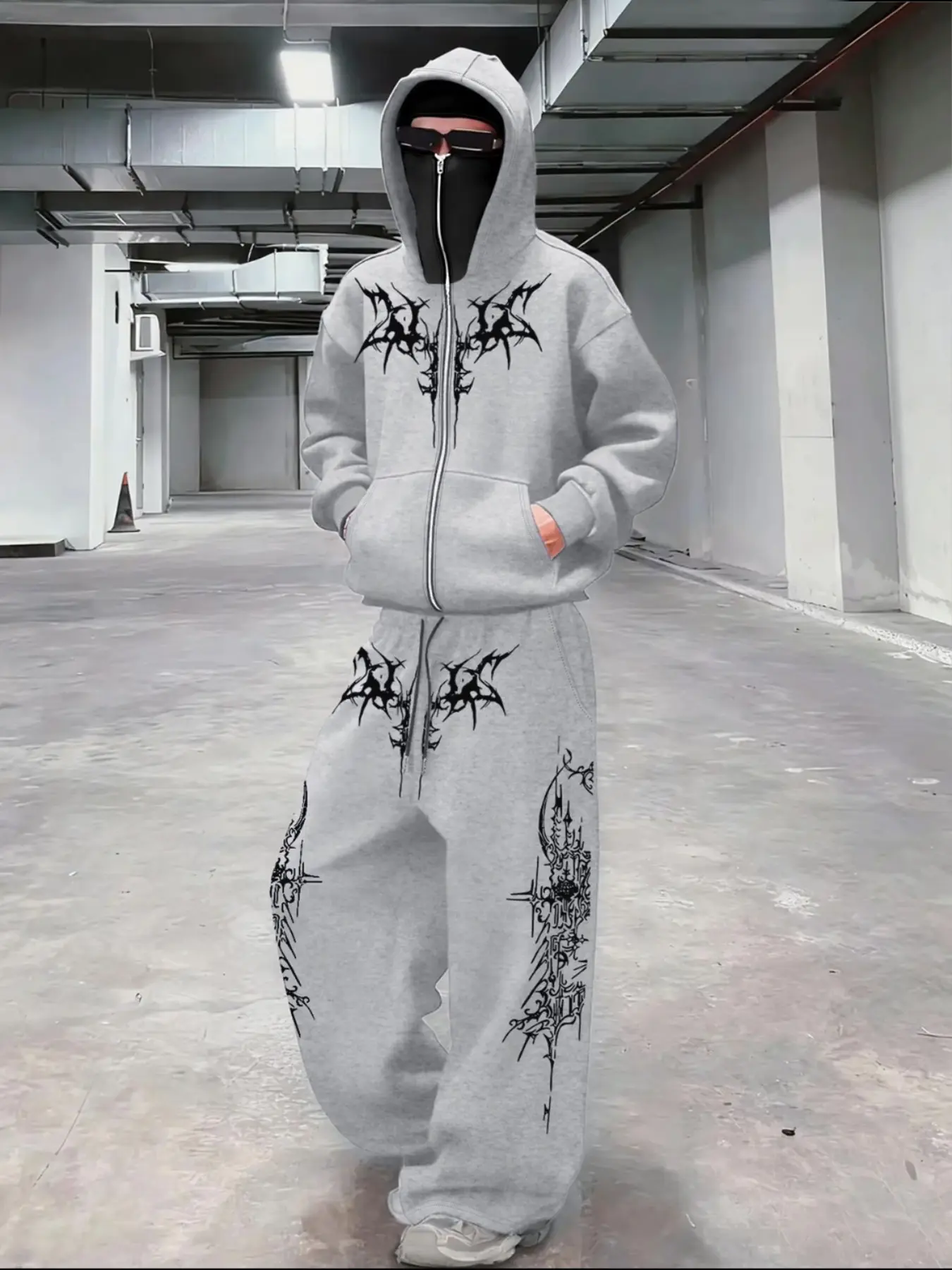 Men's Gothic High Street Fashion Casual Set, Thorn Pattern Print Masked Zipper Sweatshirt + Drawstring Long Pants 2-Piece Set