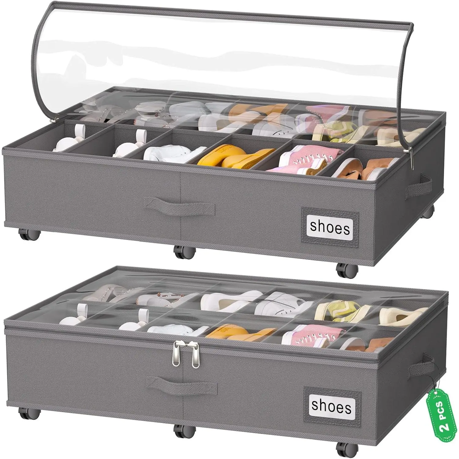 Under Bed Shoe Storage with Wheels, Fits 24 Pairs, Rolling Shoe Organizer with Bottom Support & Clear , Sturdy Under Bed Storage Box for Shoes, Set of 2, Grey