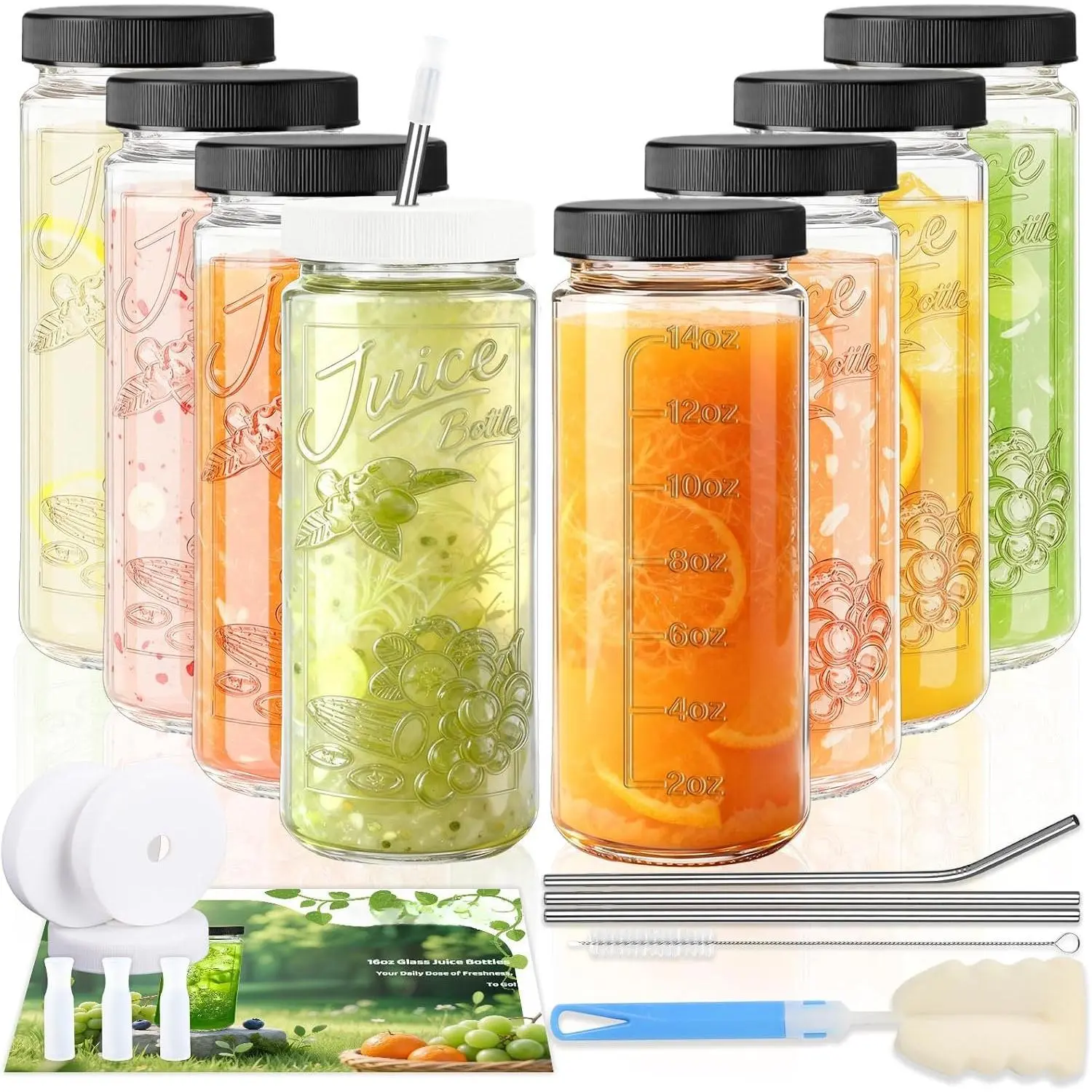 8 Pack 16oz Glass Juice Bottles with , Juicing Bottles | Thickened Leakproof Caps & Custom Designs, High-Clarity Glass Bottles for Juicing, Smoothies, Kombucha and Iced Coffee