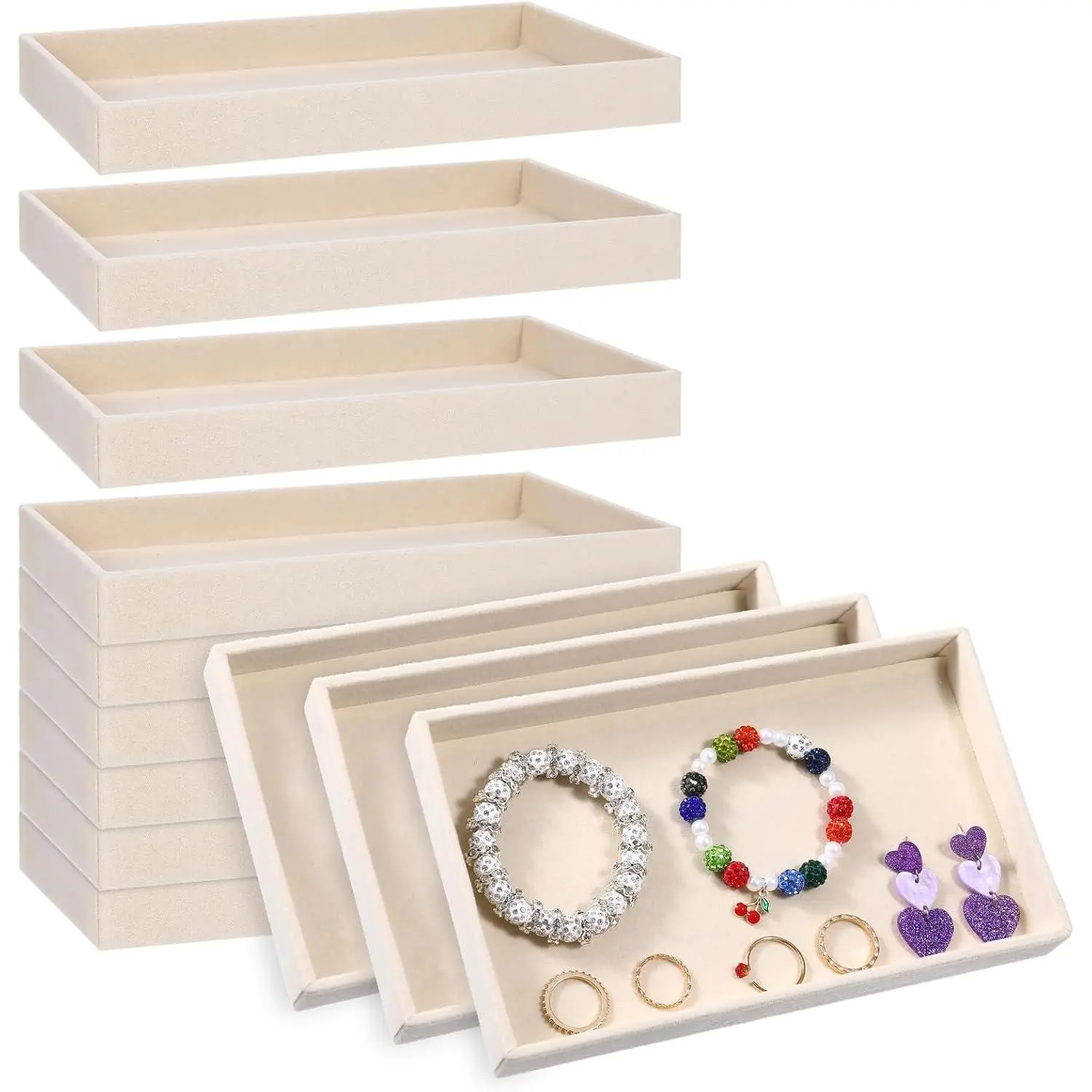 12 Pack   Trays, Stackable  Drawers 8.3x5x1inches Storage Trays for Display Beads Bracelets Necklaces Ring Earrings (Beige)