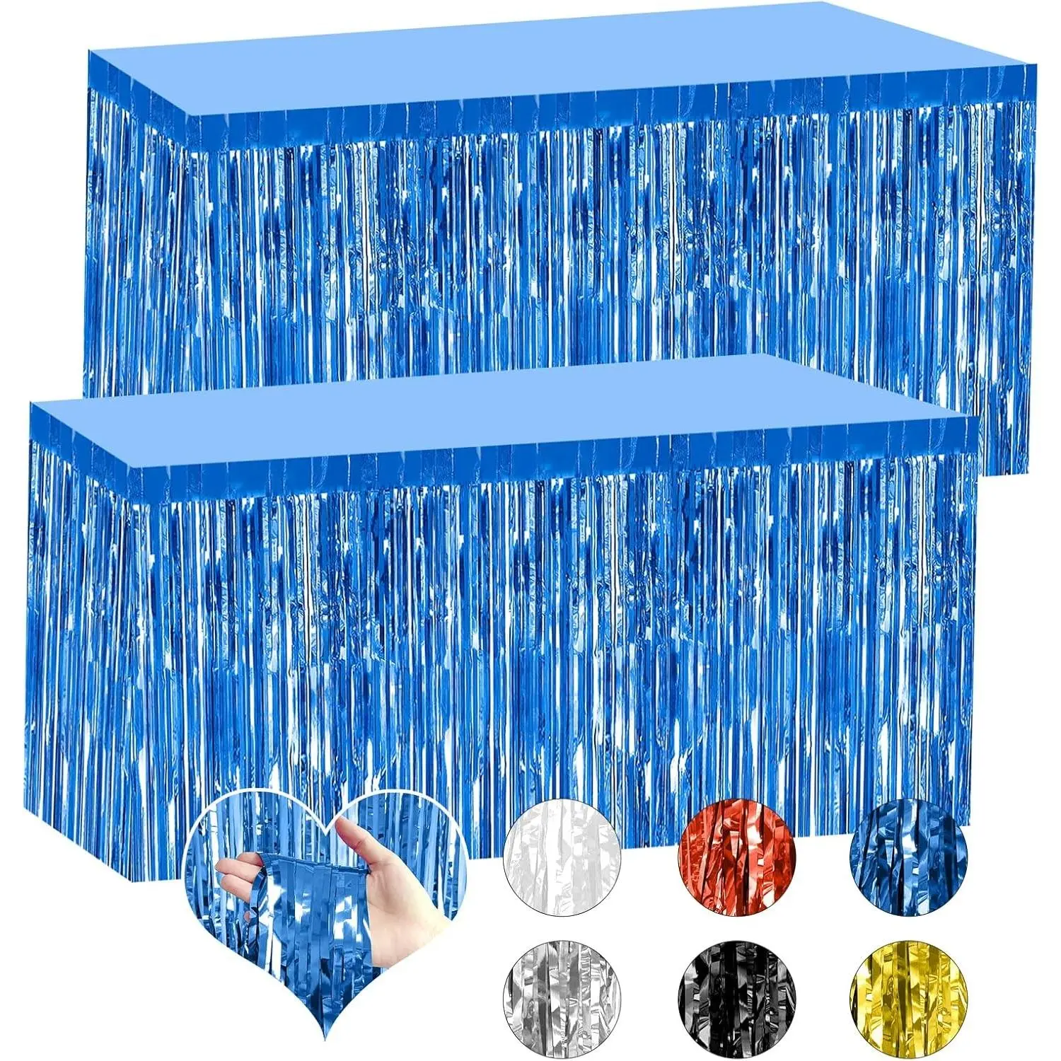 2 Pack 29.5x108 Inch Blue Foil Tinsel Fringe Table Skirts, Disposable Table Skirts for Rectangle Tables Curtains Backdrop Parade Wedding Floats Baby Shower Birthday Mardi Gras Party