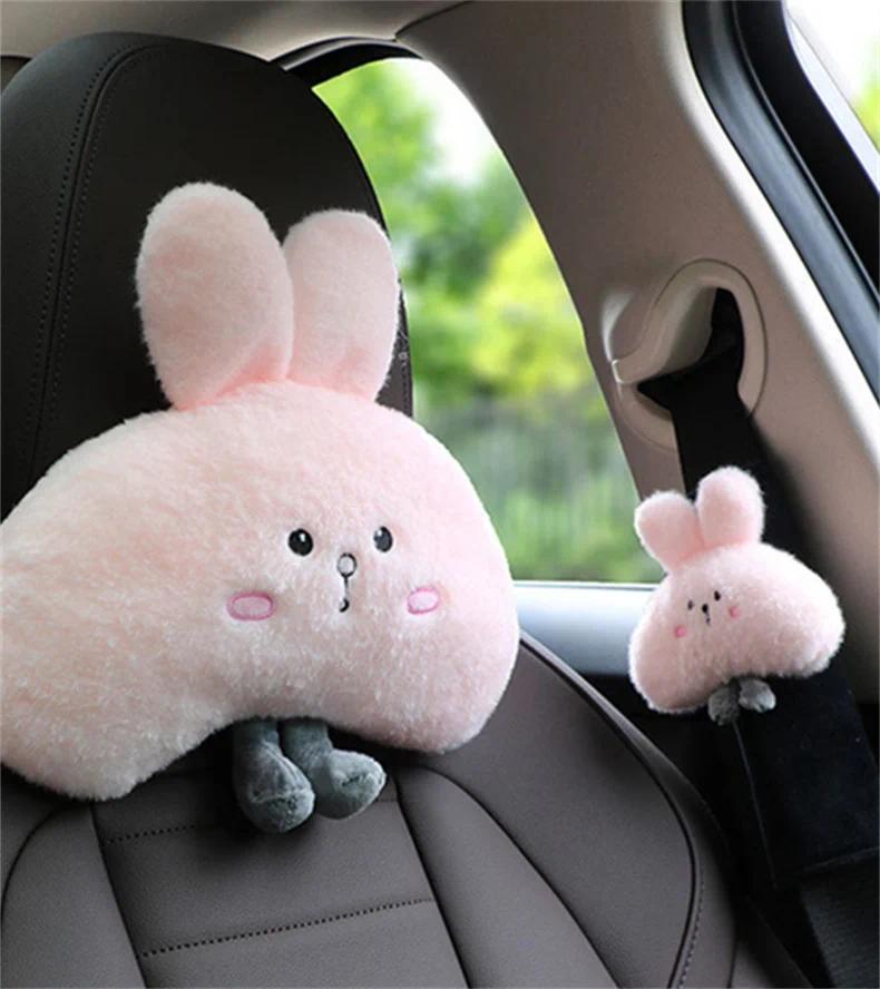 Woman Girl Neck Cushion Rabbit Car Accessories Seat Belt Shoulder Pad Animal Cervical Pillow Universal Headrest Cute Neck Pillow