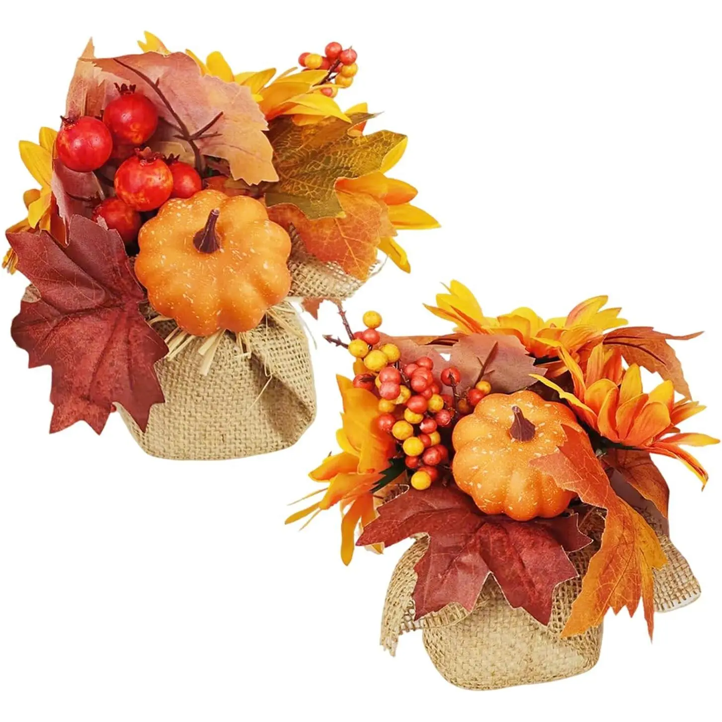 RHN Fall Centerpieces for Tables,2 Pcs Fall Table Flowers Centerpiece Decor with Pumpkin Sunflower Pinecone Berry and Maple Leaf for Autumn Thanksgiving Home Dining Table Decorations