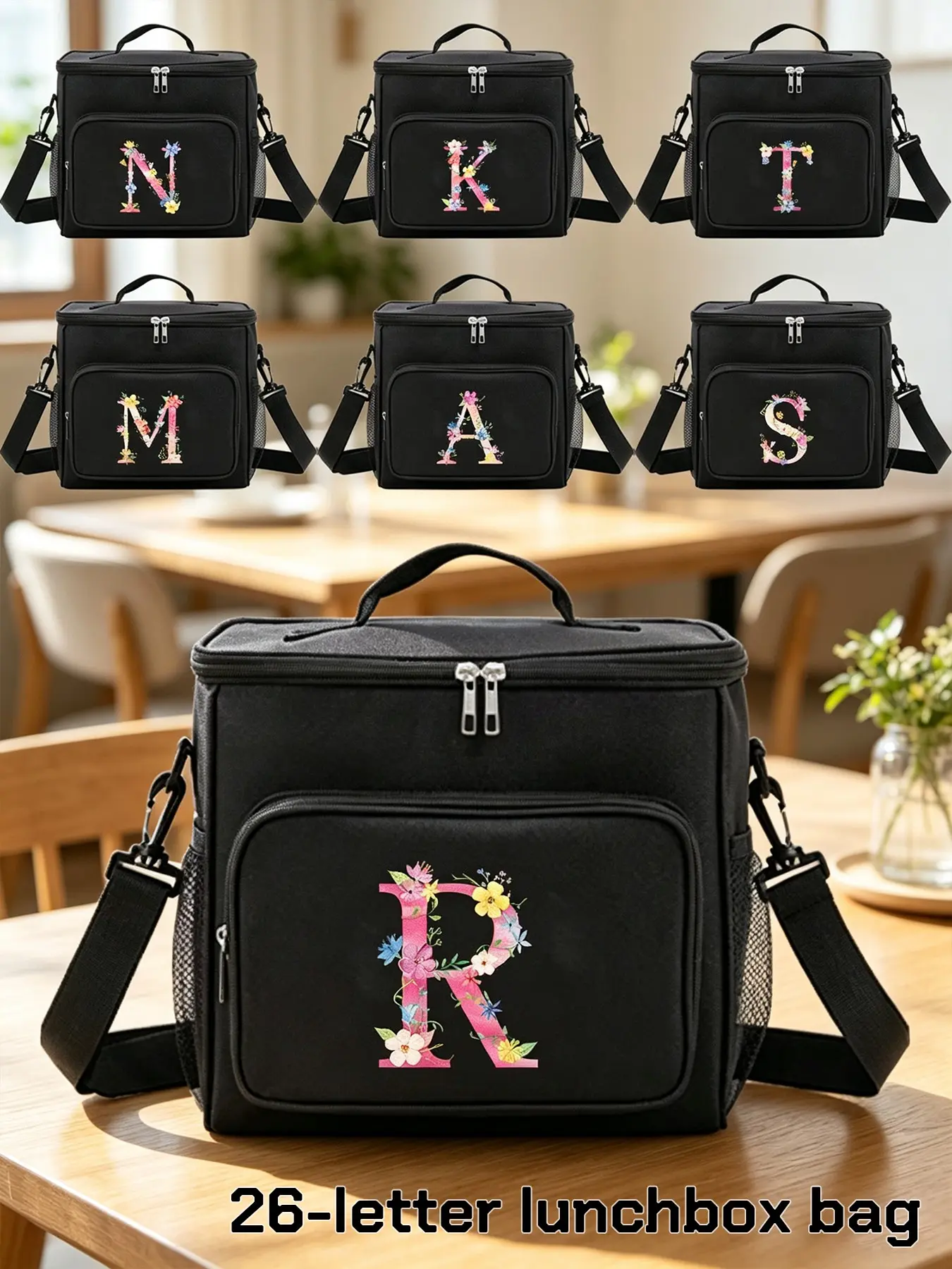1pc Shoulder Canvas Bags, Thermal Lunchbox, Lunchbag, Initial Name a to Z, Letter Flower Printing, Large Capacity, Tote Bag for Women