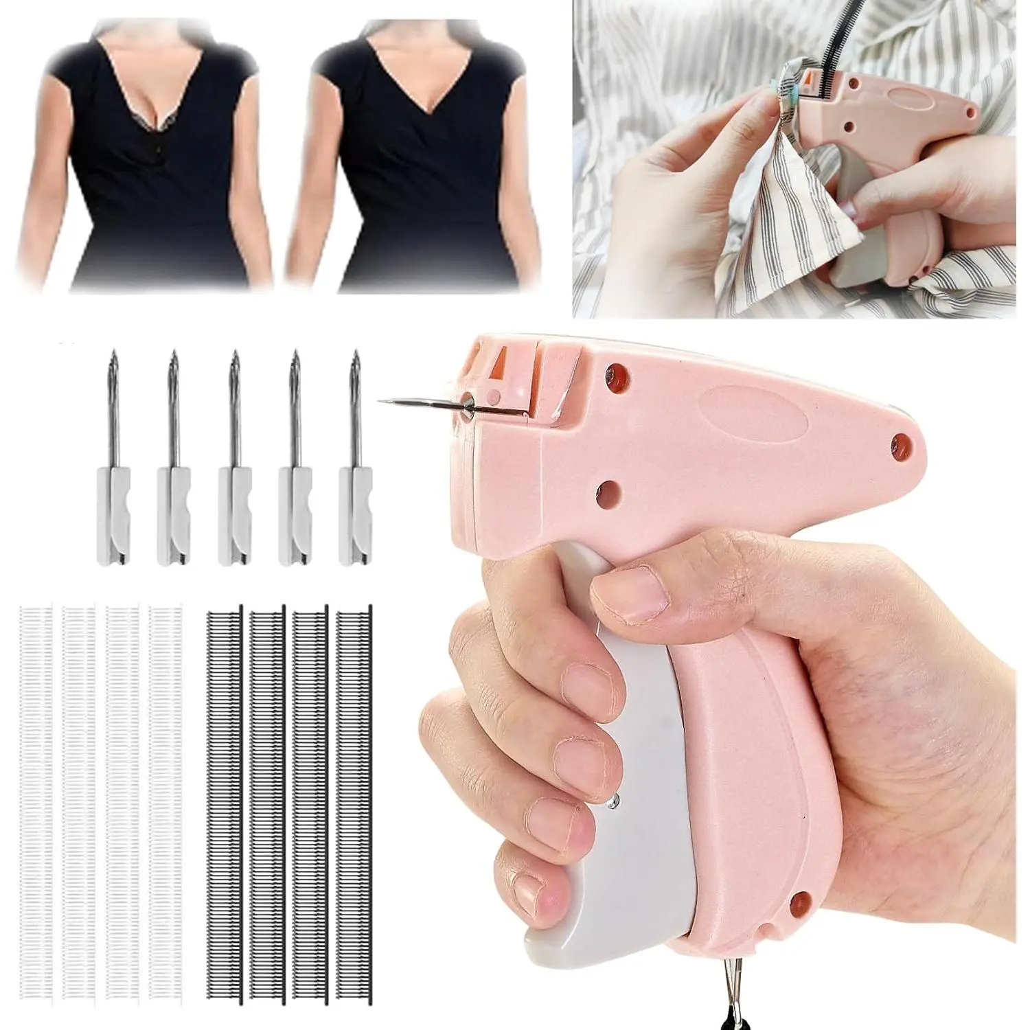 Mini Stitch Gun for Clothes Stitchy Quick Fixer Quick Sewing Hemming Tool with 500 Black & 500 White Micro Fasteners Gun Needles and Fasteners for Buttoning Elastic Fixing