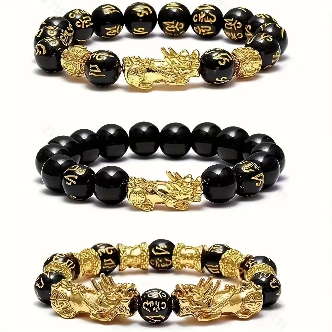 3Pcs Handmade Feng Shui Lucky Charm Bracelets for Men & Women - Retro Natural Stone, Wealth Attraction Pixiu Design Black Beads Bracelet Daily Vacations, Party Wear, Jewelry
