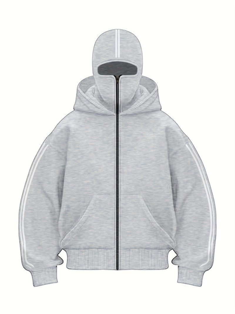 1pc TNZI men's full zipper windproof mask hoodie long-sleeved jacket versatile and fashionable urban style, with zippers and pockets - warm, windproof and durable, suitable for daily or outdoor autumn/winter wear