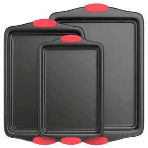 Non Stick Rectangular Baking Pan with Red Silicone Handle Heat Resistant Easy Clean for Cookies Cakes Bread Home Kitchen Baking Set