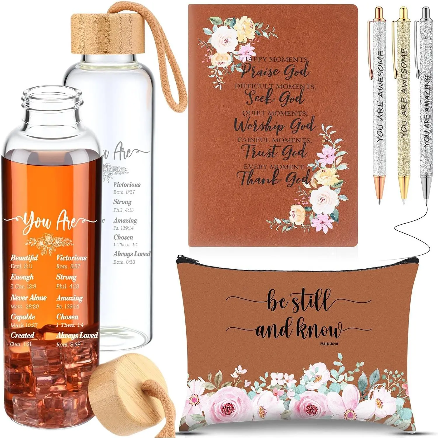 Women's 6-Count Christian Religious Gift Set - Leather Makeup Bag, Plastic Flower-Accented Glass Bottle, Ballpoint Pens, Scripture Notebook - Inspirational Office/School Stationery for Sunday School